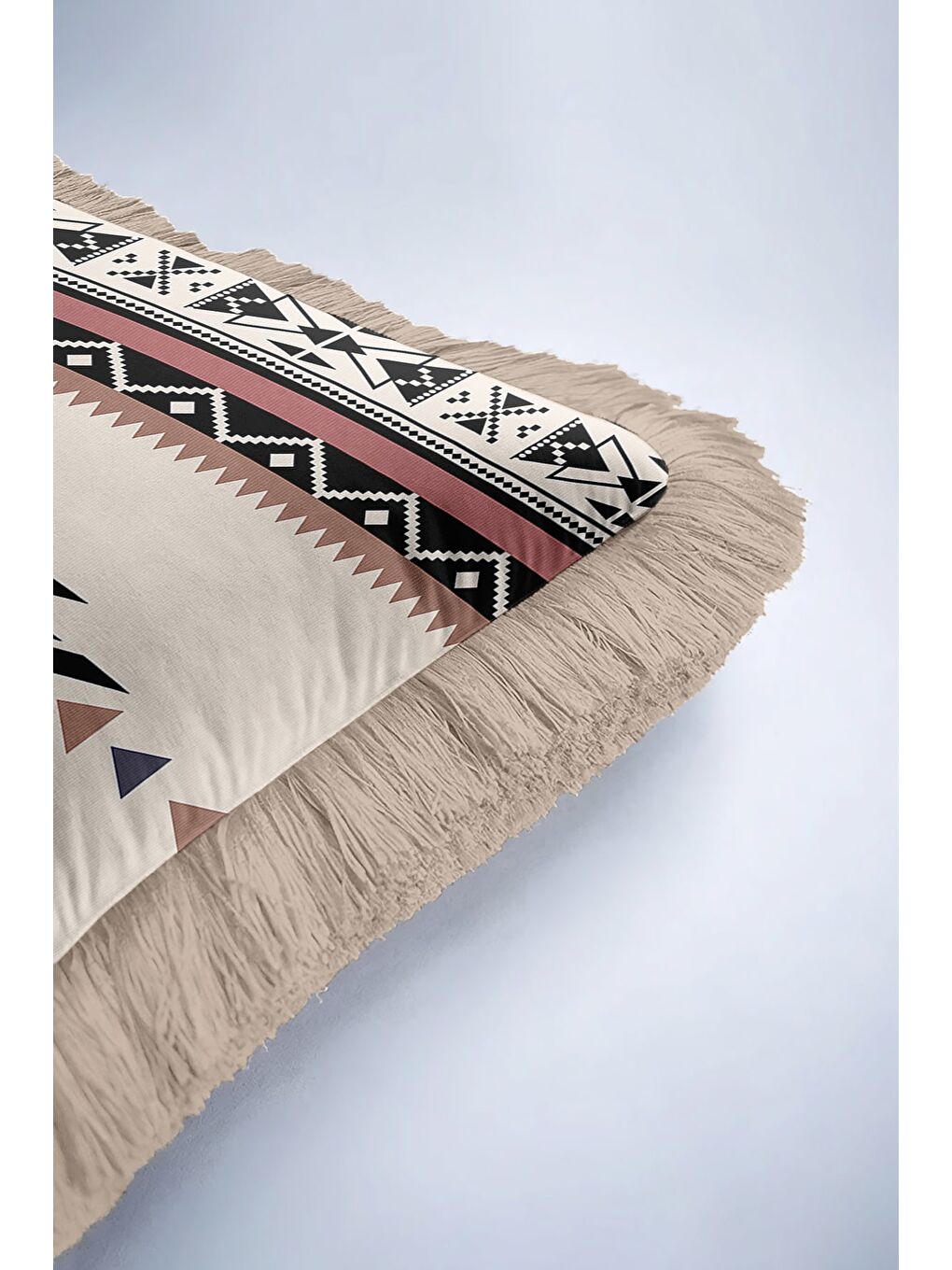 Karışık Etnik Geometrik Saçaklı Yastık Kılıfı - Tribal Bohem Bej Siyah Püsküllü Kırlent Kılıfı-6