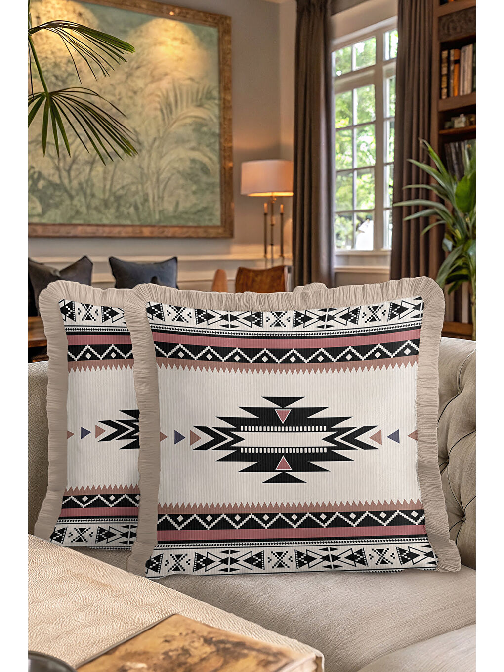 Karışık Etnik Geometrik Saçaklı Yastık Kılıfı - Tribal Bohem Bej Siyah Püsküllü Kırlent Kılıfı-7