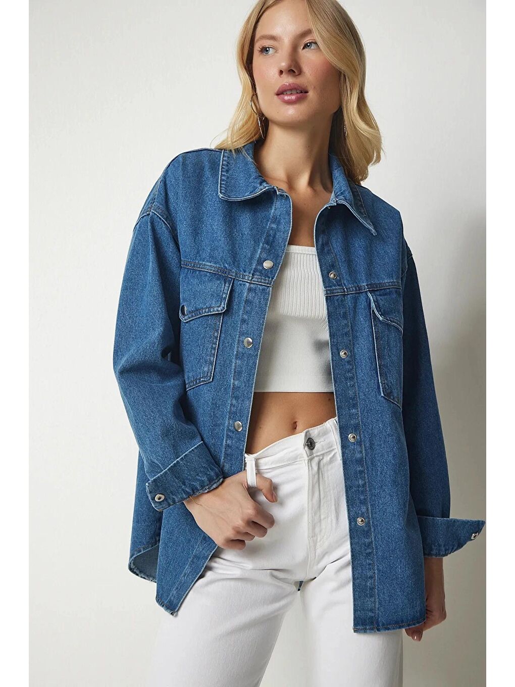 Mavi Çıtçıt Düğmeli Çift Cepli Denim Ceket