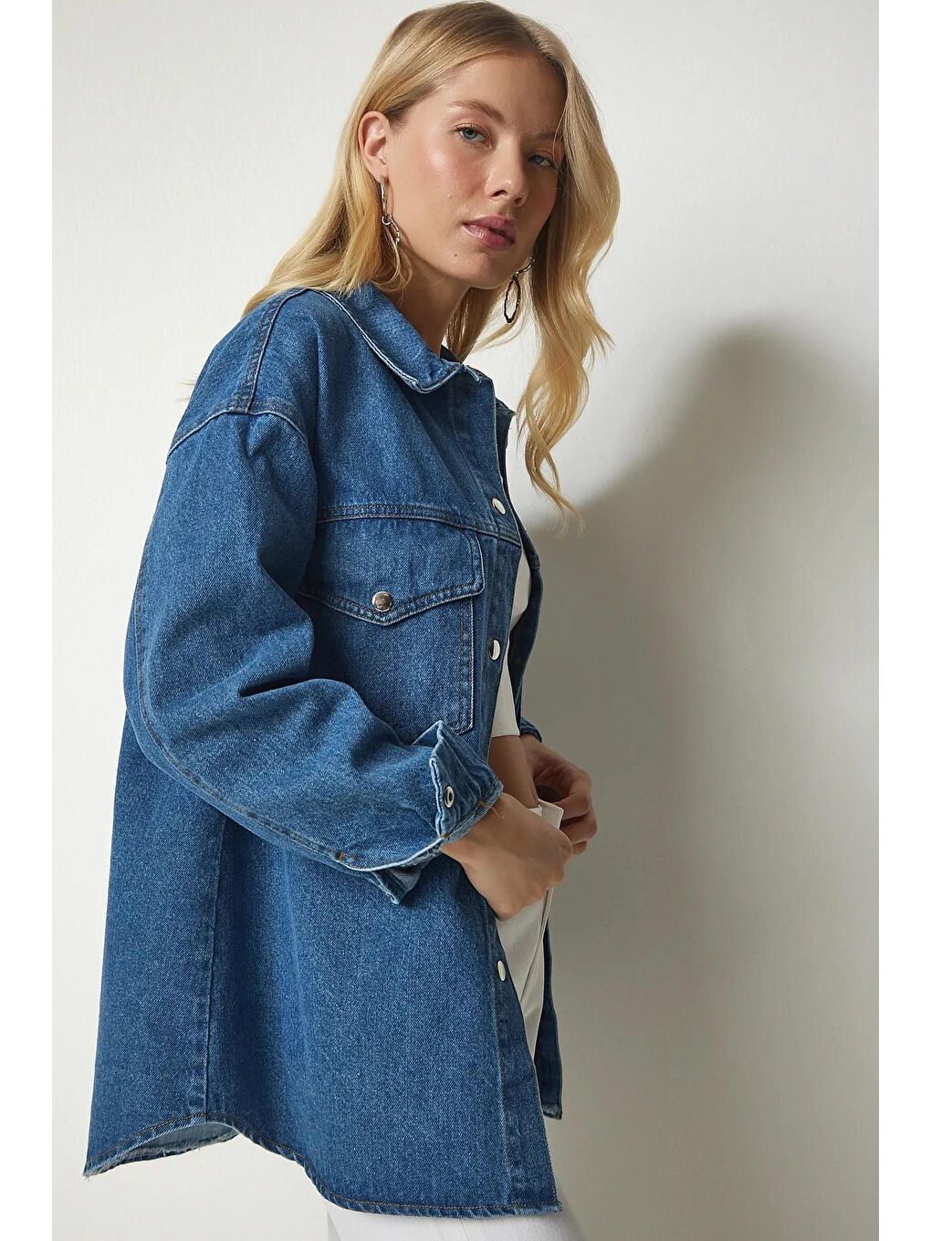 Mavi Çıtçıt Düğmeli Çift Cepli Denim Ceket-1