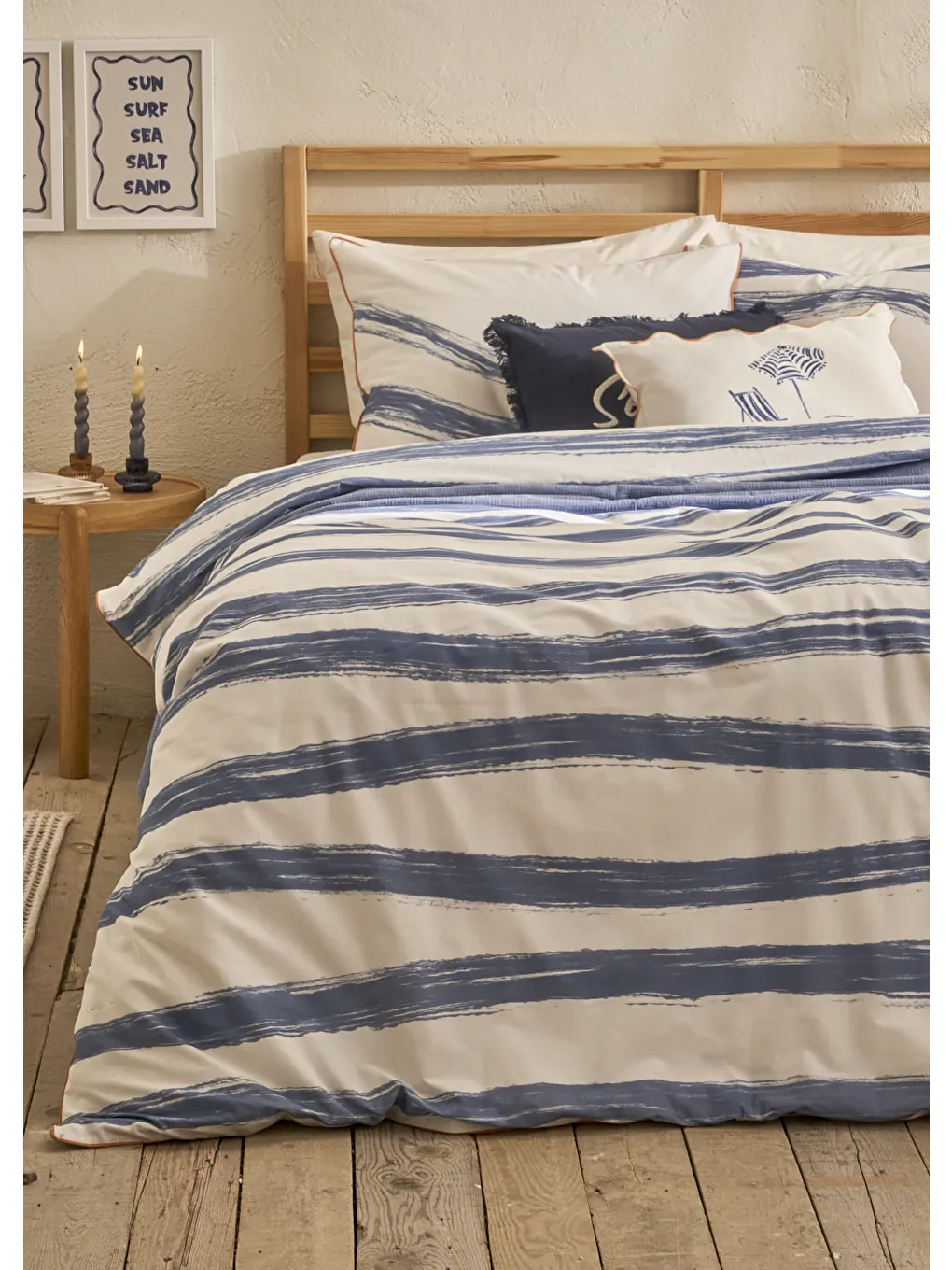 %100 Pamuk Saten Marine King Size Nevresim Seti Mavi-Beyaz (240x220 cm)