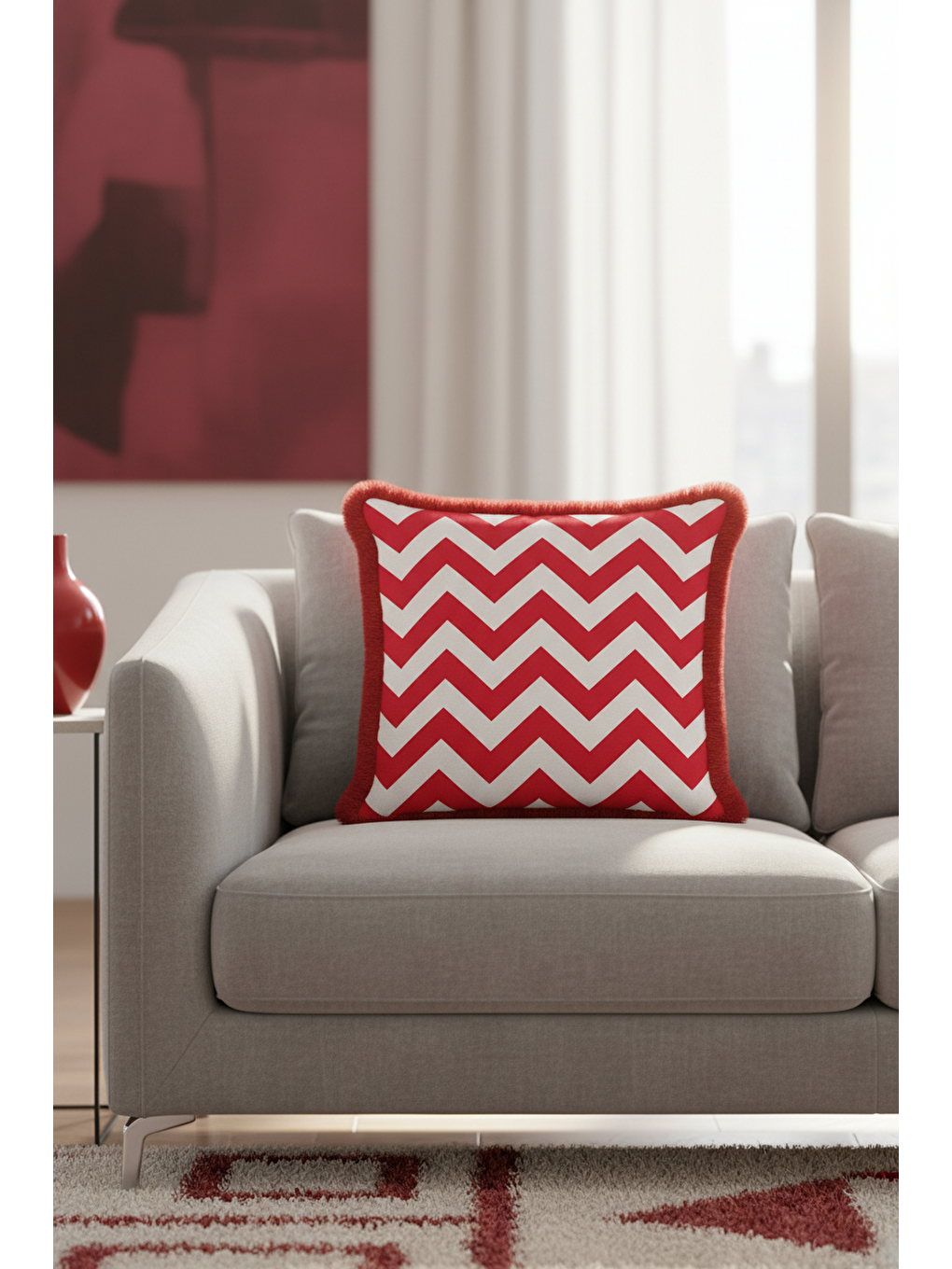 Karışık Chevron Modern Saçaklı Yastık Kılıfı - Zigzag Enerjik Kırmızı Beyaz Retro Püsküllü Kırlent Kılıfı-2
