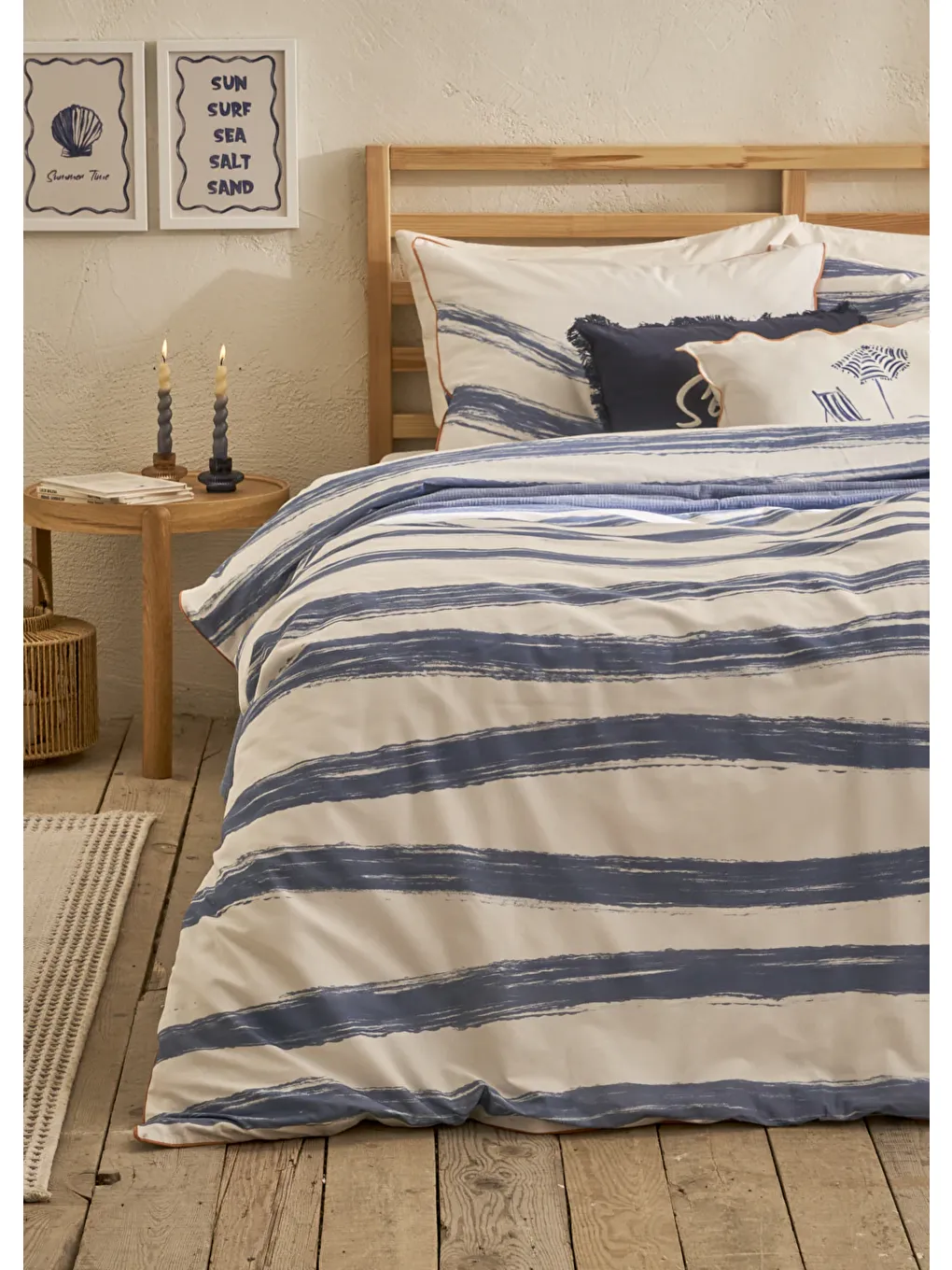 %100 Pamuk Saten Marine Çift Kişilik Nevresim Seti Mavi-Beyaz  (200x220 cm)