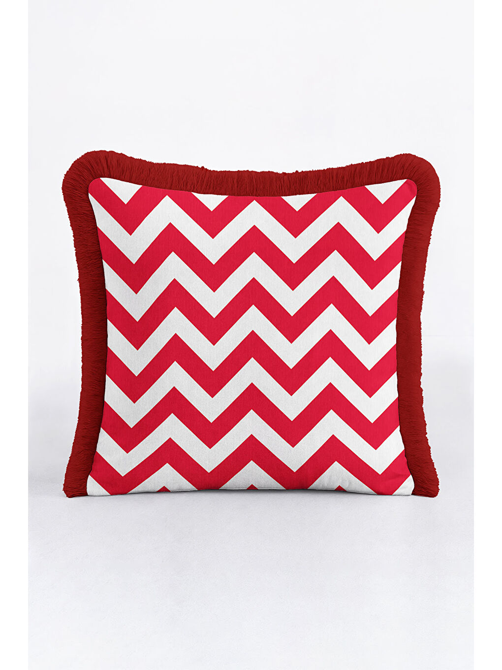 Karışık Chevron Modern Saçaklı Yastık Kılıfı - Zigzag Enerjik Kırmızı Beyaz Retro Püsküllü Kırlent Kılıfı-3