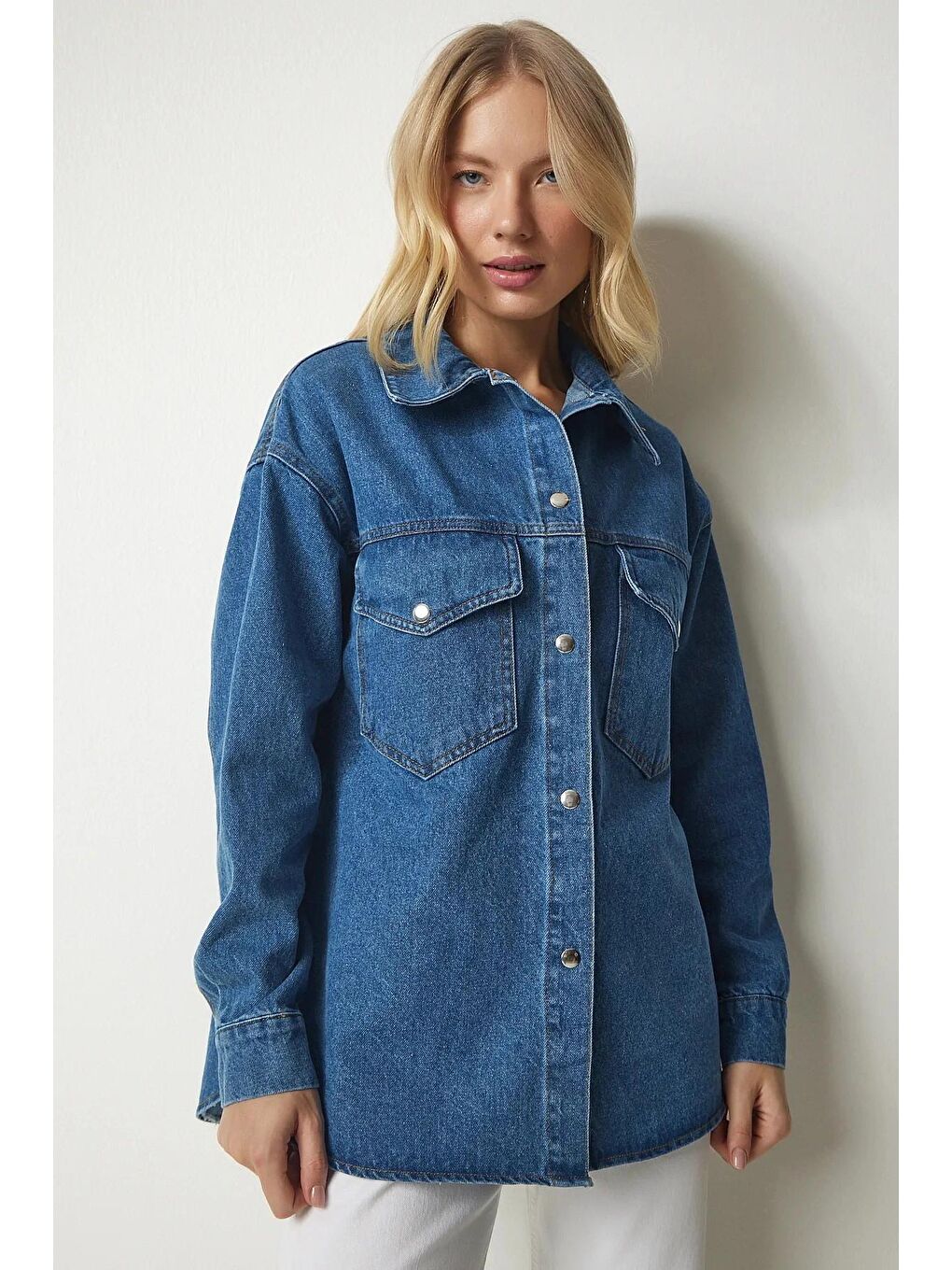 Mavi Çıtçıt Düğmeli Çift Cepli Denim Ceket-2