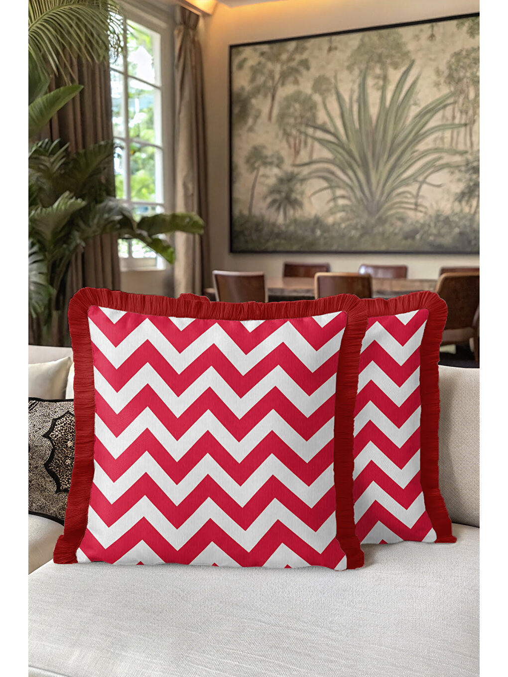 Karışık Chevron Modern Saçaklı Yastık Kılıfı - Zigzag Enerjik Kırmızı Beyaz Retro Püsküllü Kırlent Kılıfı-5
