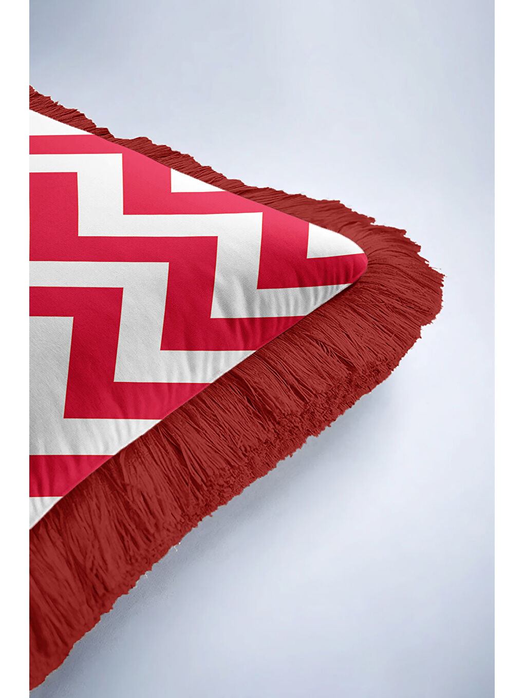 Karışık Chevron Modern Saçaklı Yastık Kılıfı - Zigzag Enerjik Kırmızı Beyaz Retro Püsküllü Kırlent Kılıfı-6