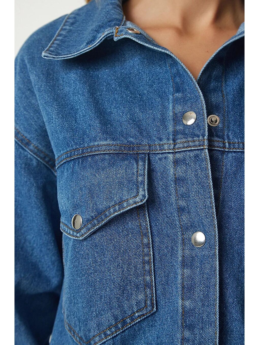 Mavi Çıtçıt Düğmeli Çift Cepli Denim Ceket-3