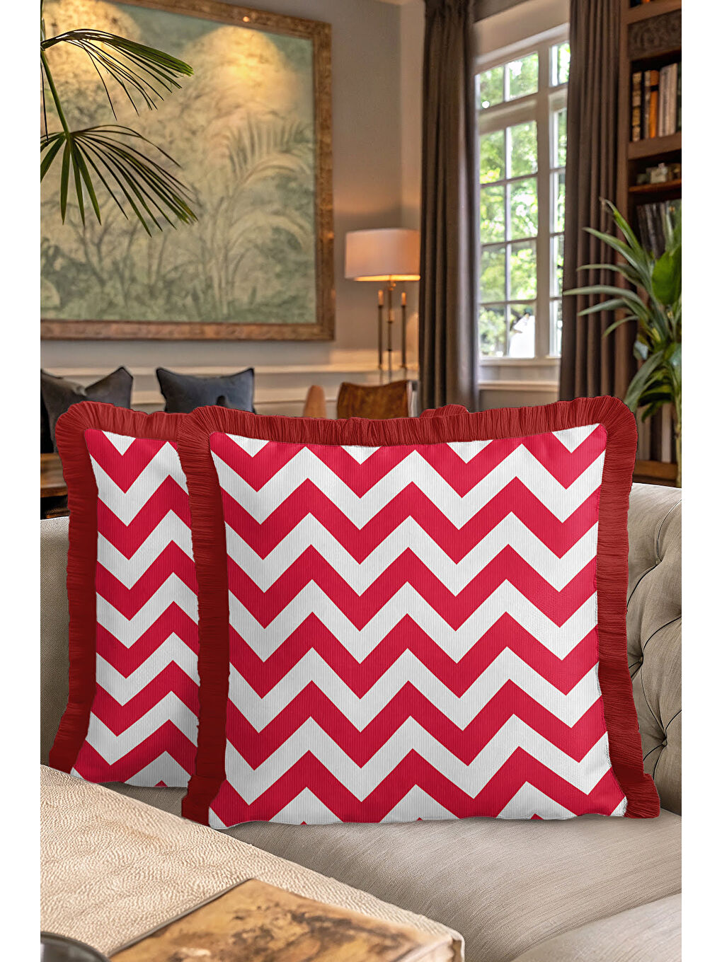Karışık Chevron Modern Saçaklı Yastık Kılıfı - Zigzag Enerjik Kırmızı Beyaz Retro Püsküllü Kırlent Kılıfı-7