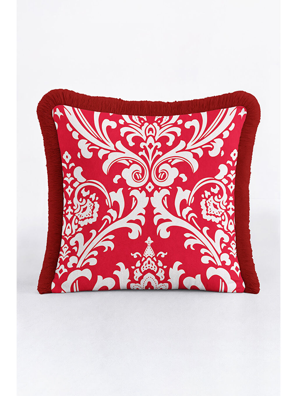 Karışık Barok Lüks Saçaklı Yastık Kılıfı - Asil İhtişam Klasik Tarz Kırmızı Beyaz Püsküllü Kırlent Kılıfı-1