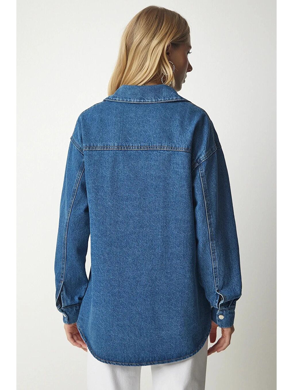 Mavi Çıtçıt Düğmeli Çift Cepli Denim Ceket-4