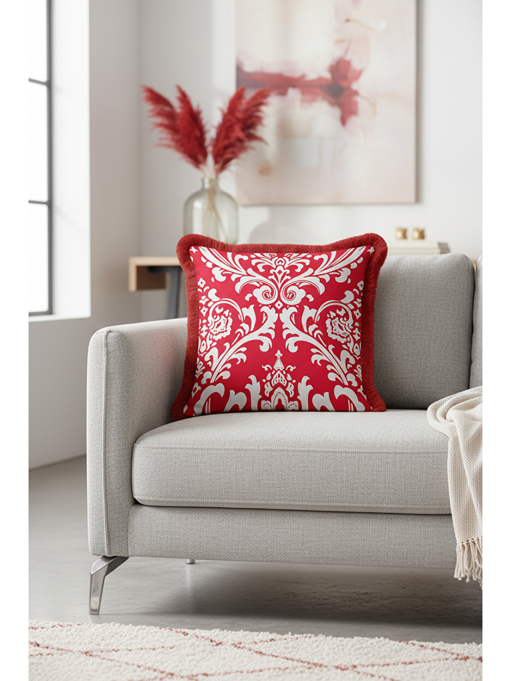 Karışık Barok Lüks Saçaklı Yastık Kılıfı - Asil İhtişam Klasik Tarz Kırmızı Beyaz Püsküllü Kırlent Kılıfı-3