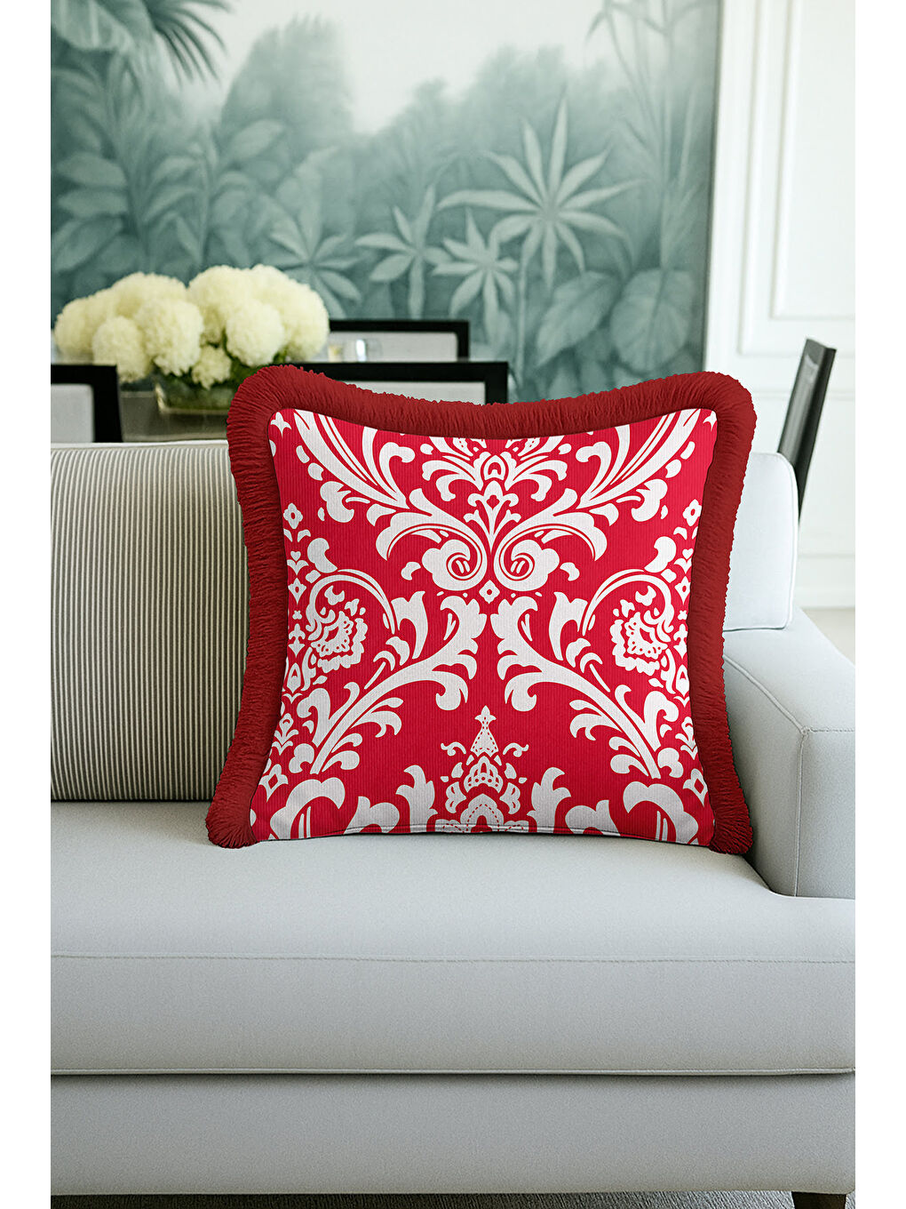 Karışık Barok Lüks Saçaklı Yastık Kılıfı - Asil İhtişam Klasik Tarz Kırmızı Beyaz Püsküllü Kırlent Kılıfı-4