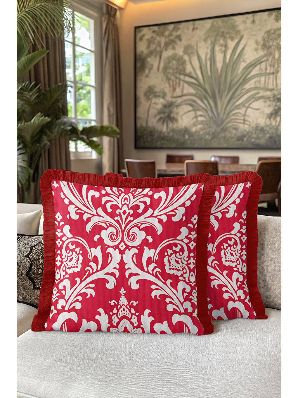 Karışık Barok Lüks Saçaklı Yastık Kılıfı - Asil İhtişam Klasik Tarz Kırmızı Beyaz Püsküllü Kırlent Kılıfı-5