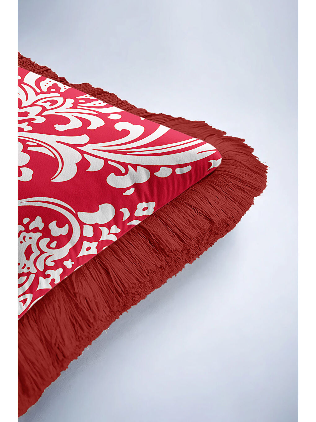 Karışık Barok Lüks Saçaklı Yastık Kılıfı - Asil İhtişam Klasik Tarz Kırmızı Beyaz Püsküllü Kırlent Kılıfı-6