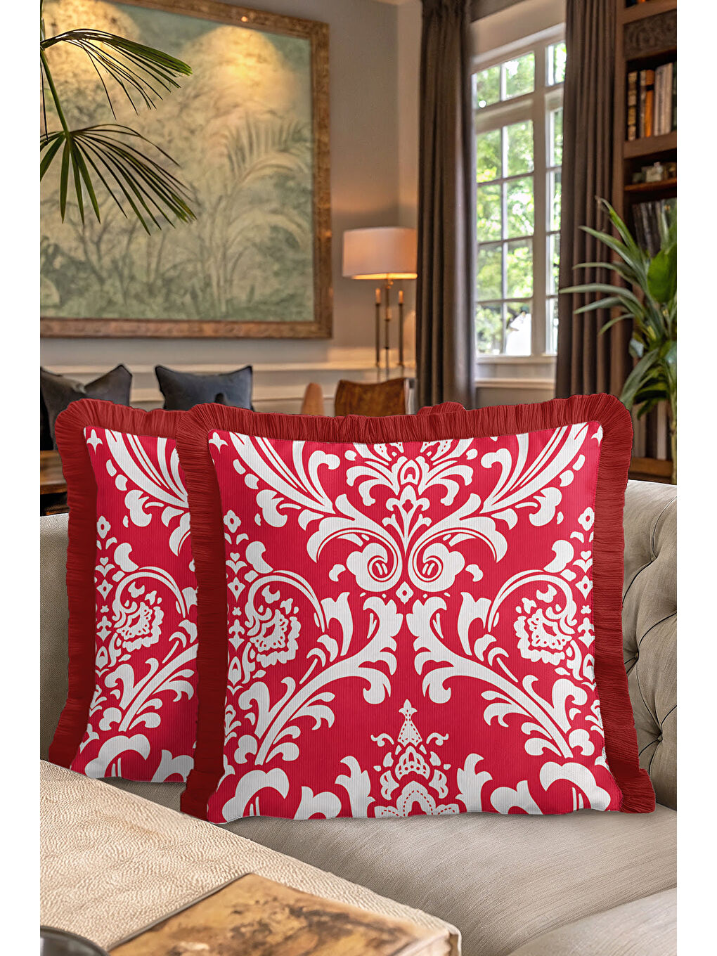 Karışık Barok Lüks Saçaklı Yastık Kılıfı - Asil İhtişam Klasik Tarz Kırmızı Beyaz Püsküllü Kırlent Kılıfı-7