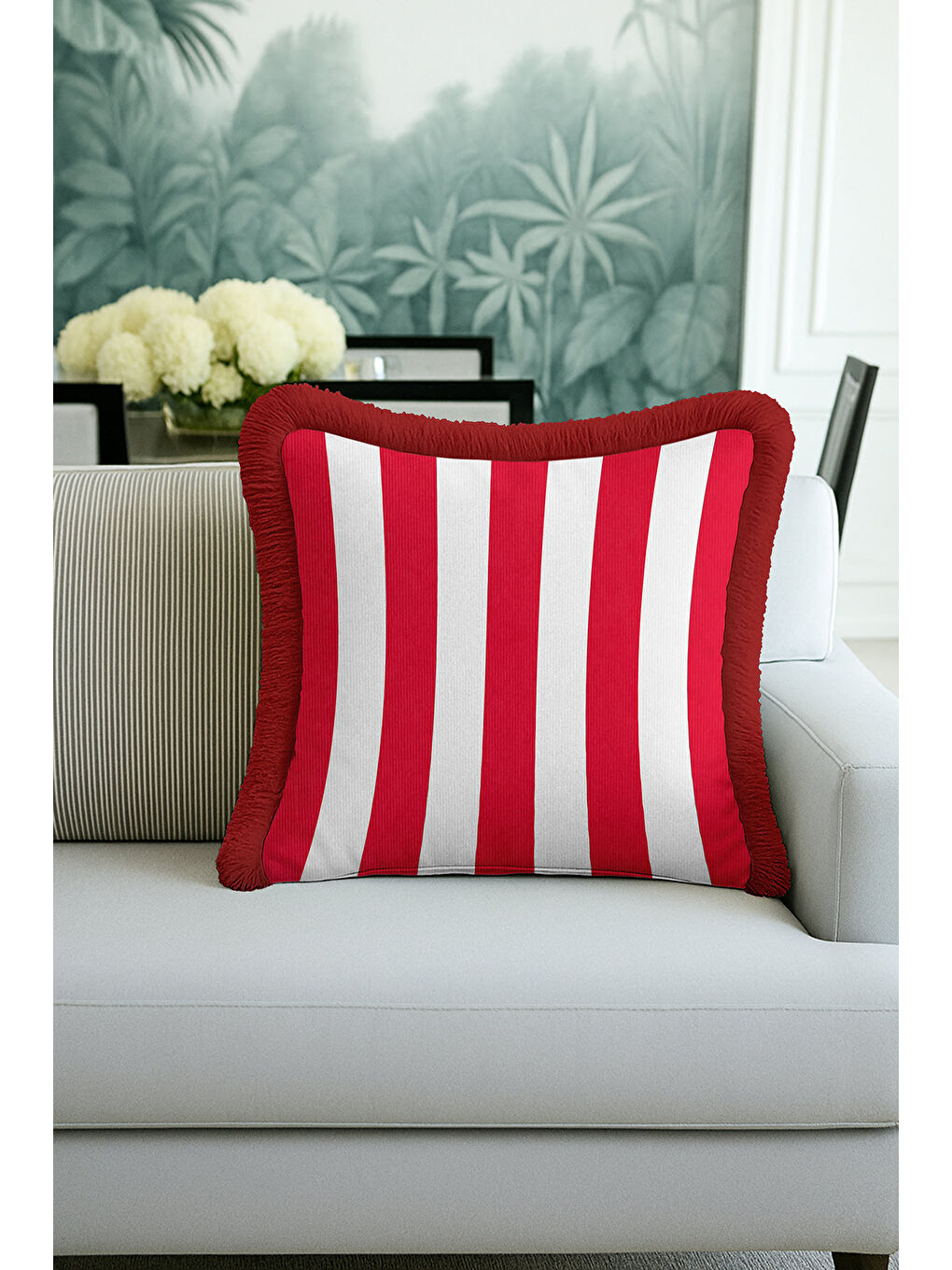 Karışık Çizgili Lüks Saçaklı Yastık Kılıfı - Kırmızı Beyaz Retro Püsküllü Kırlent Kılıfı