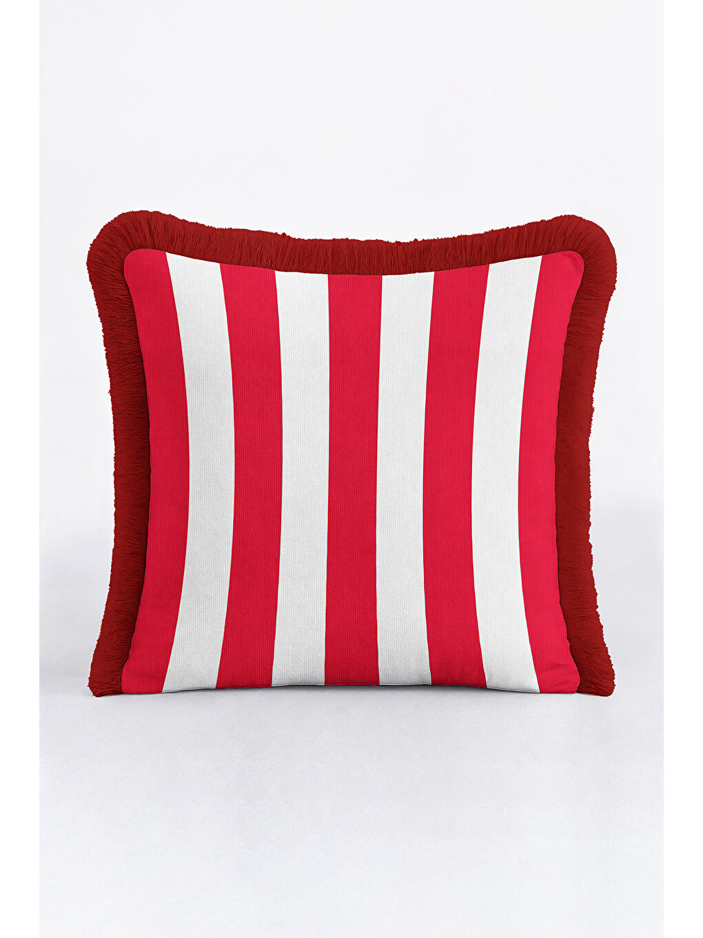 Karışık Çizgili Lüks Saçaklı Yastık Kılıfı - Kırmızı Beyaz Retro Püsküllü Kırlent Kılıfı-1