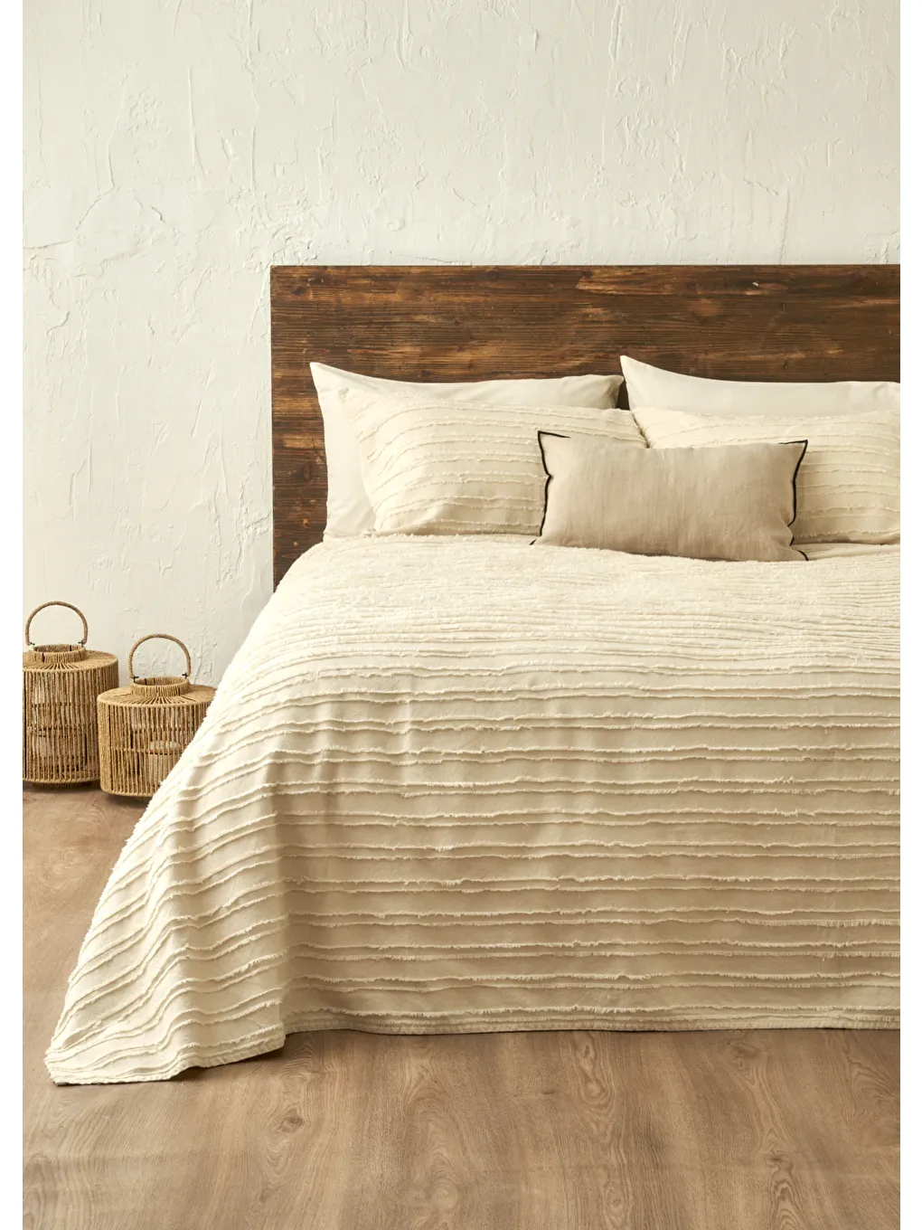 Ekru %100 Pamuk Bohemian Çift Kişilik Yatak Örtüsü Seti Krem (240x260 cm)