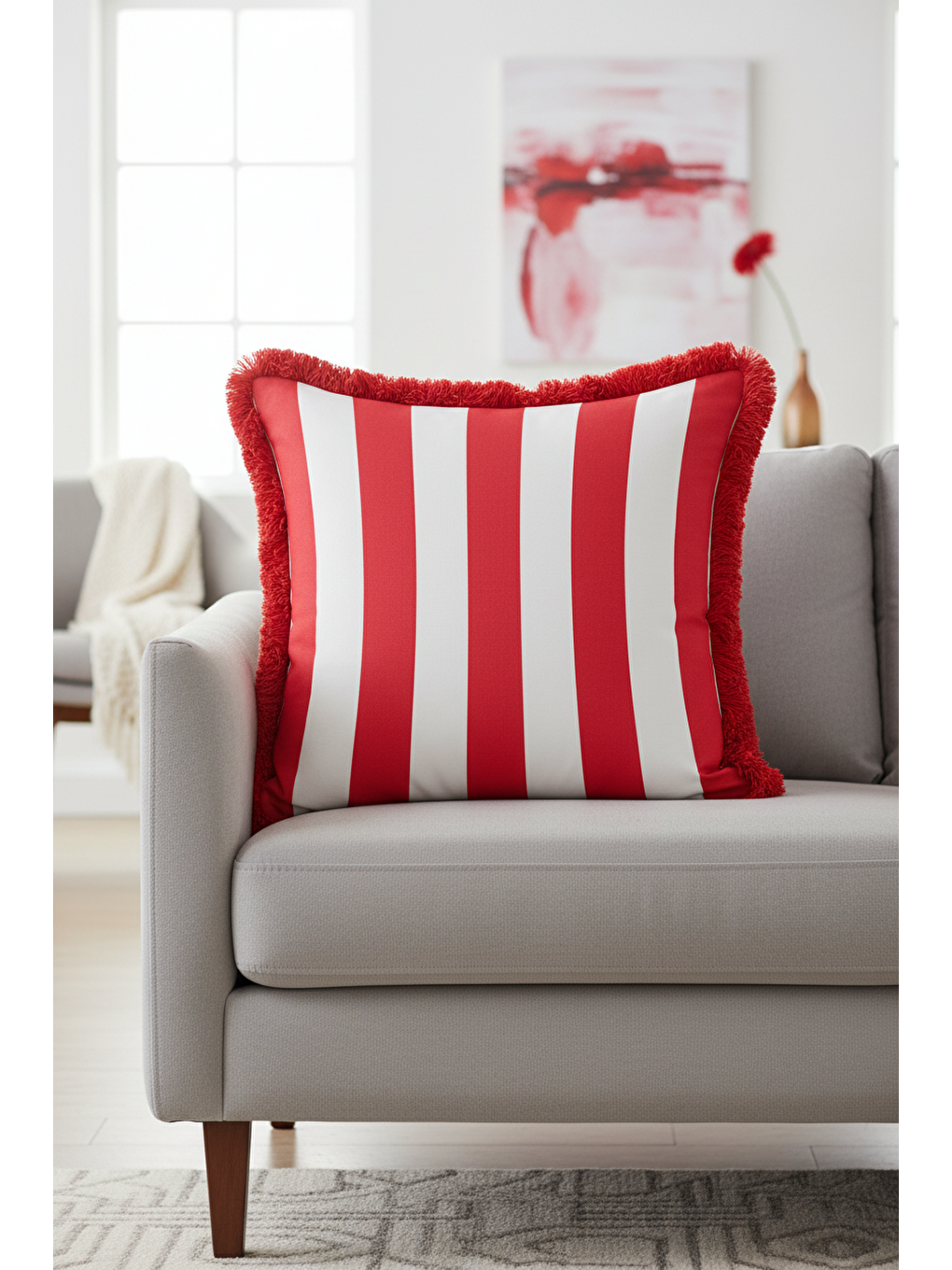 Karışık Çizgili Lüks Saçaklı Yastık Kılıfı - Kırmızı Beyaz Retro Püsküllü Kırlent Kılıfı-2