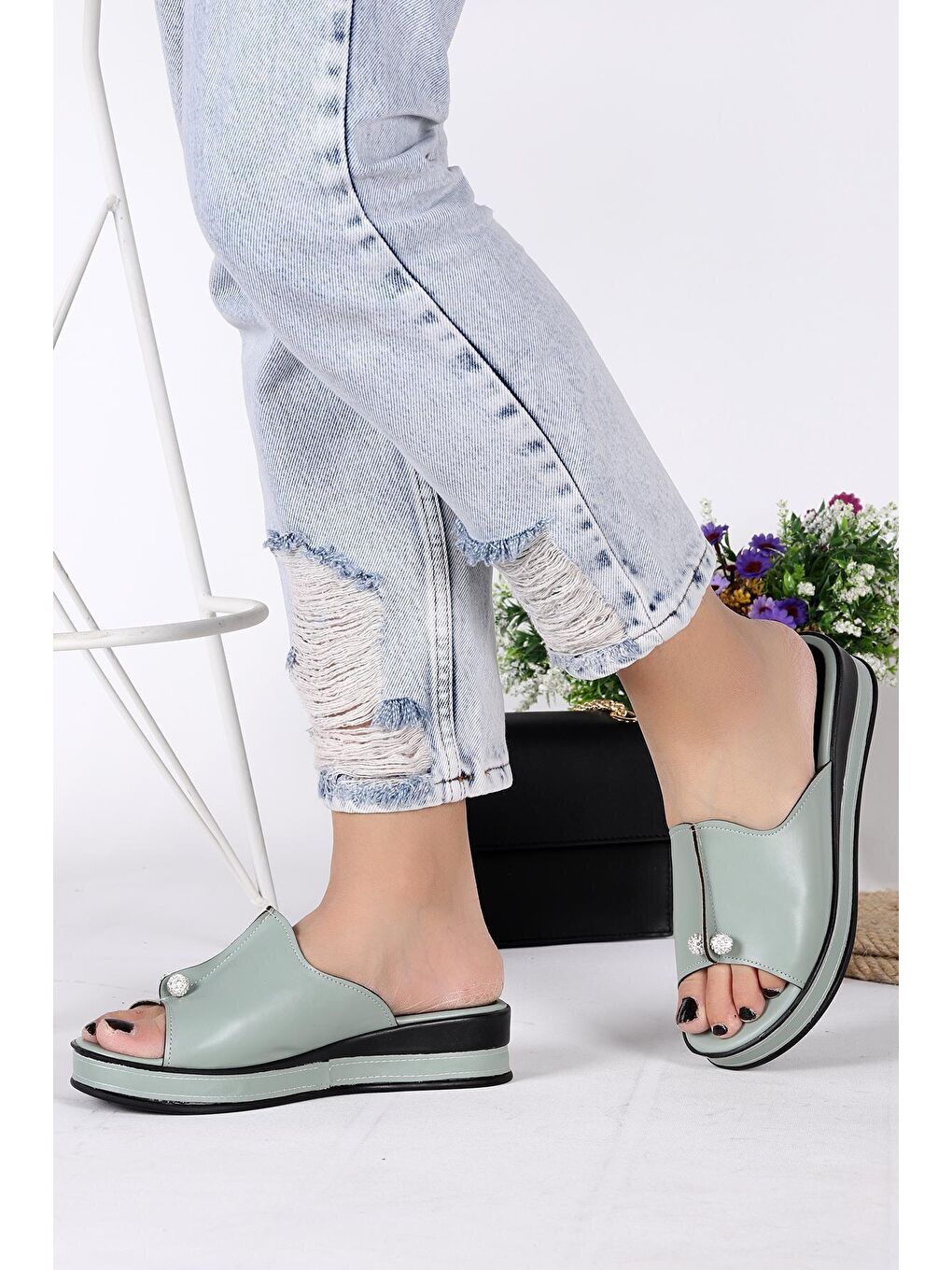 Yeşil Taşlı Günlük Kadın Terlik Plt 156-1