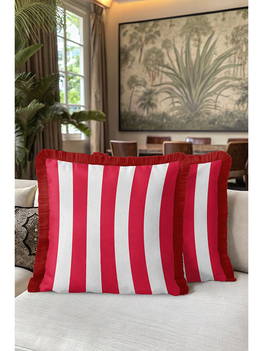 Karışık Çizgili Lüks Saçaklı Yastık Kılıfı - Kırmızı Beyaz Retro Püsküllü Kırlent Kılıfı-5