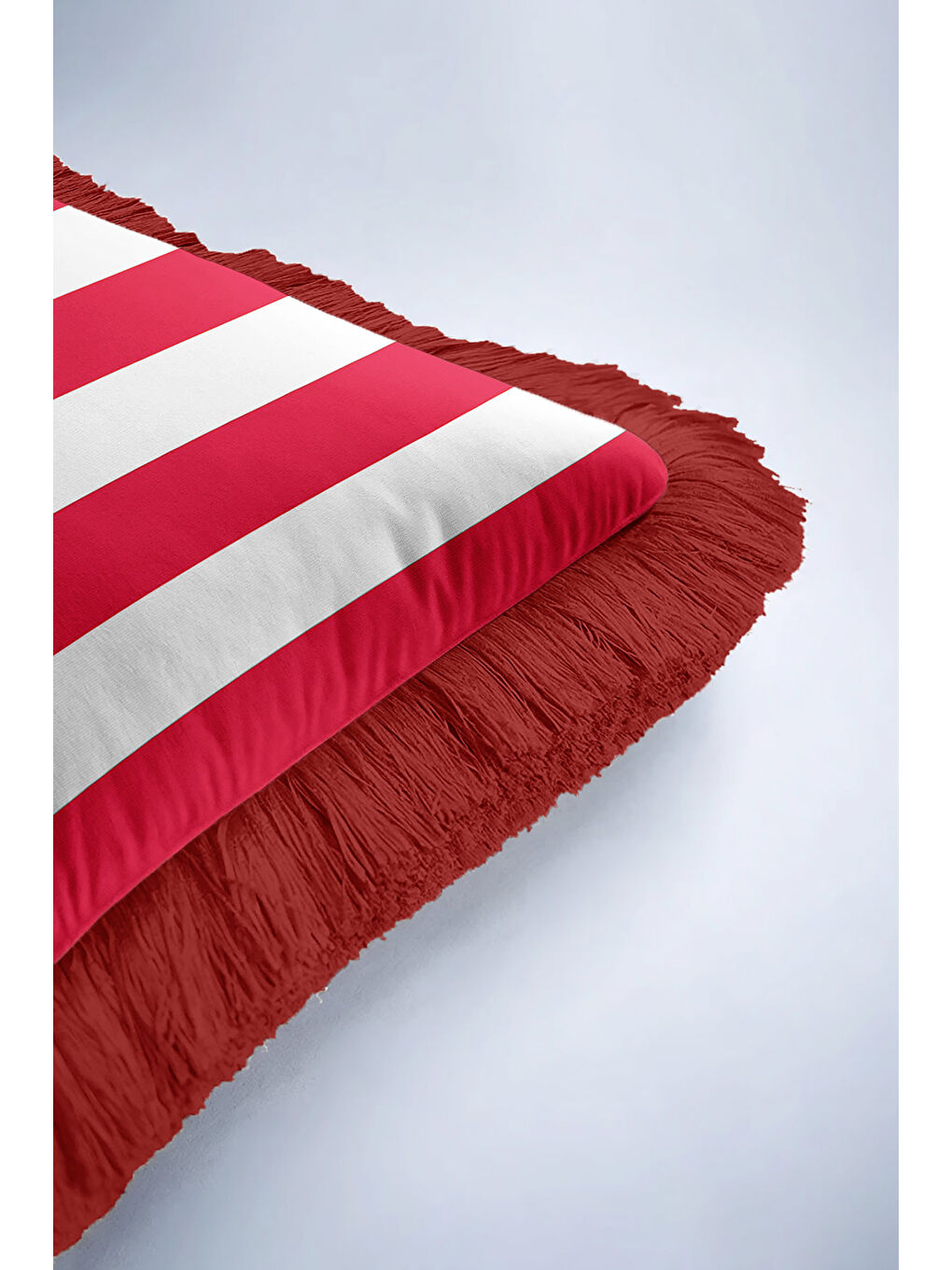 Karışık Çizgili Lüks Saçaklı Yastık Kılıfı - Kırmızı Beyaz Retro Püsküllü Kırlent Kılıfı-6