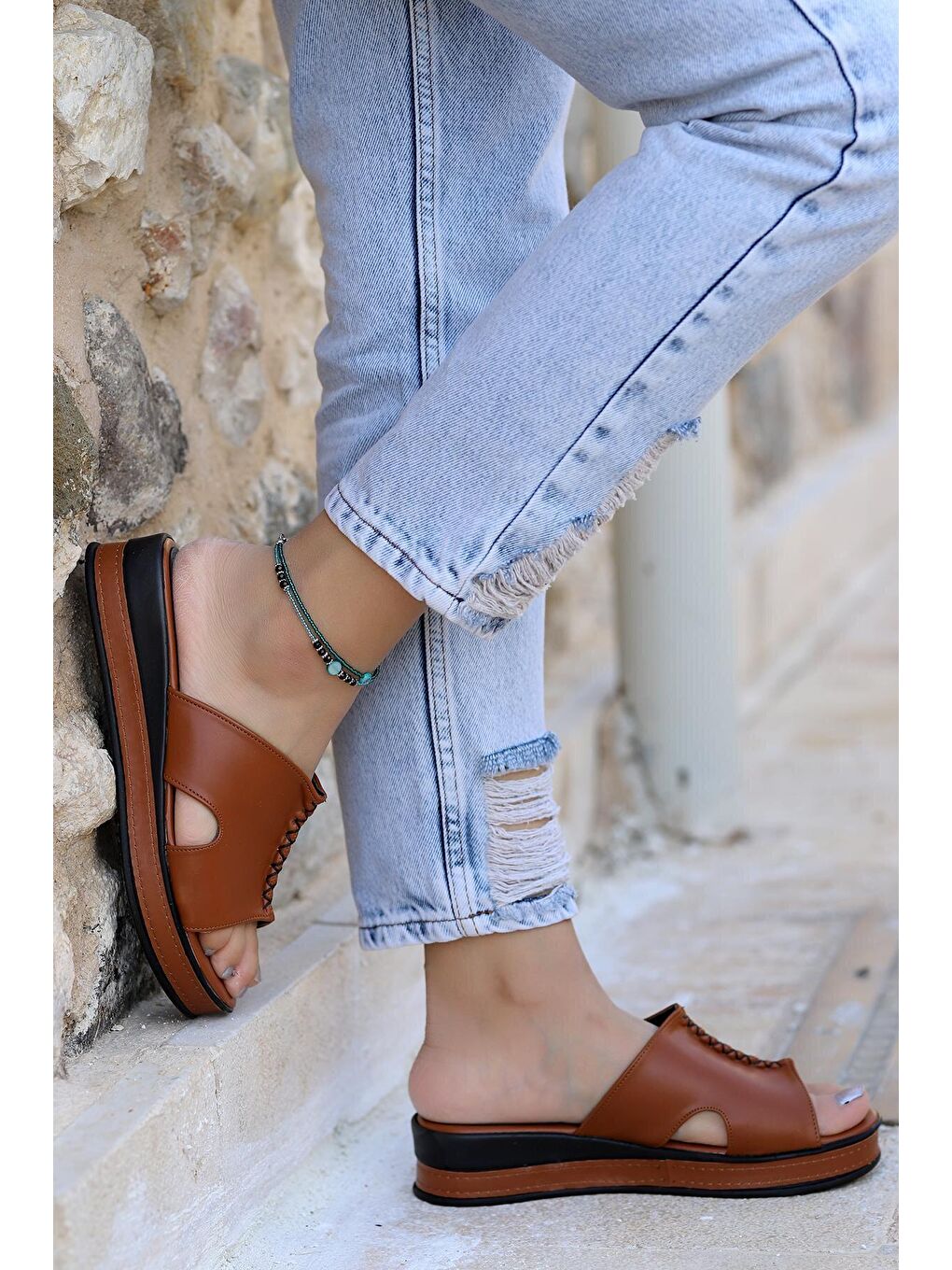 Kahverengi Dikişli Günlük Kadın Terlik Plt 160-1