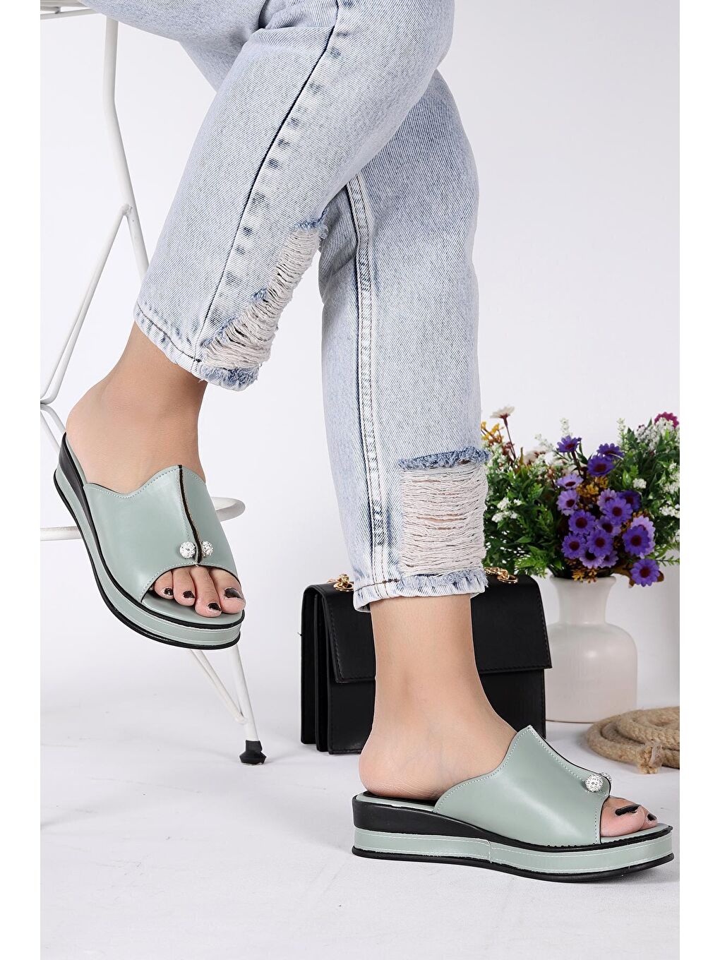 Yeşil Taşlı Günlük Kadın Terlik Plt 156-2
