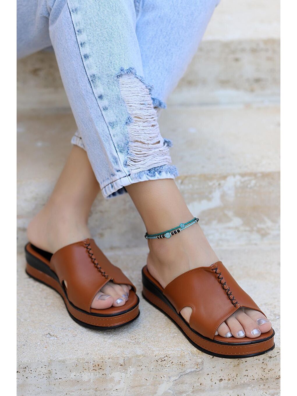 Kahverengi Dikişli Günlük Kadın Terlik Plt 160-2