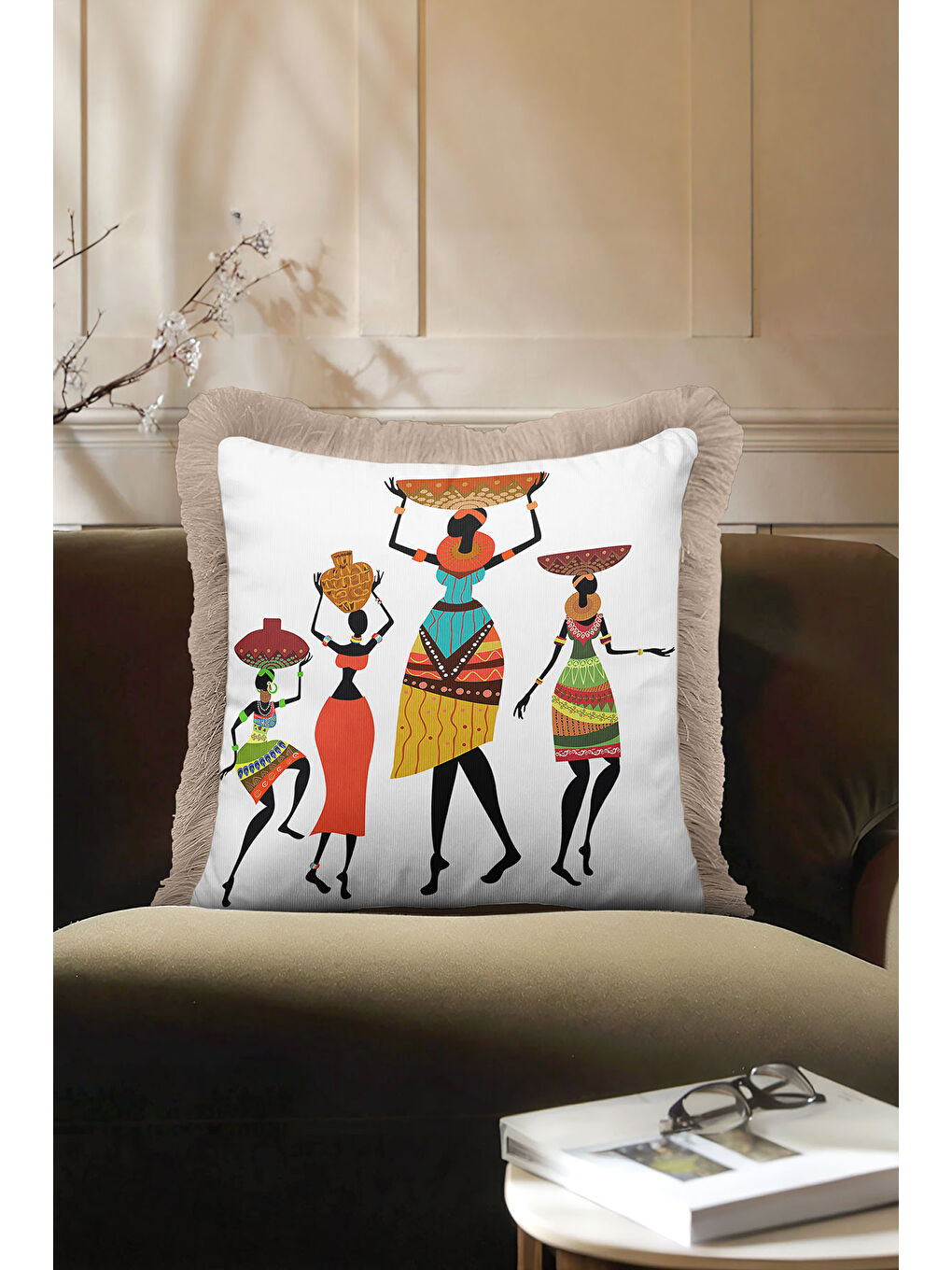 Karışık Afrika Esintili Saçaklı Yastık Kılıfı - Etnik Bohem Turuncu Yeşil Gold Renk Püsküllü Kırlent Kılıfı