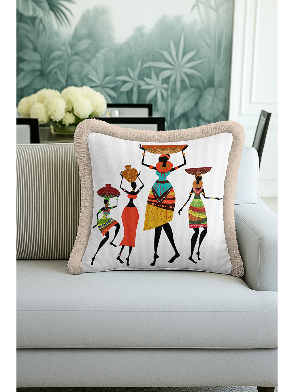 Karışık Afrika Esintili Saçaklı Yastık Kılıfı - Etnik Bohem Turuncu Yeşil Gold Renk Püsküllü Kırlent Kılıfı-1