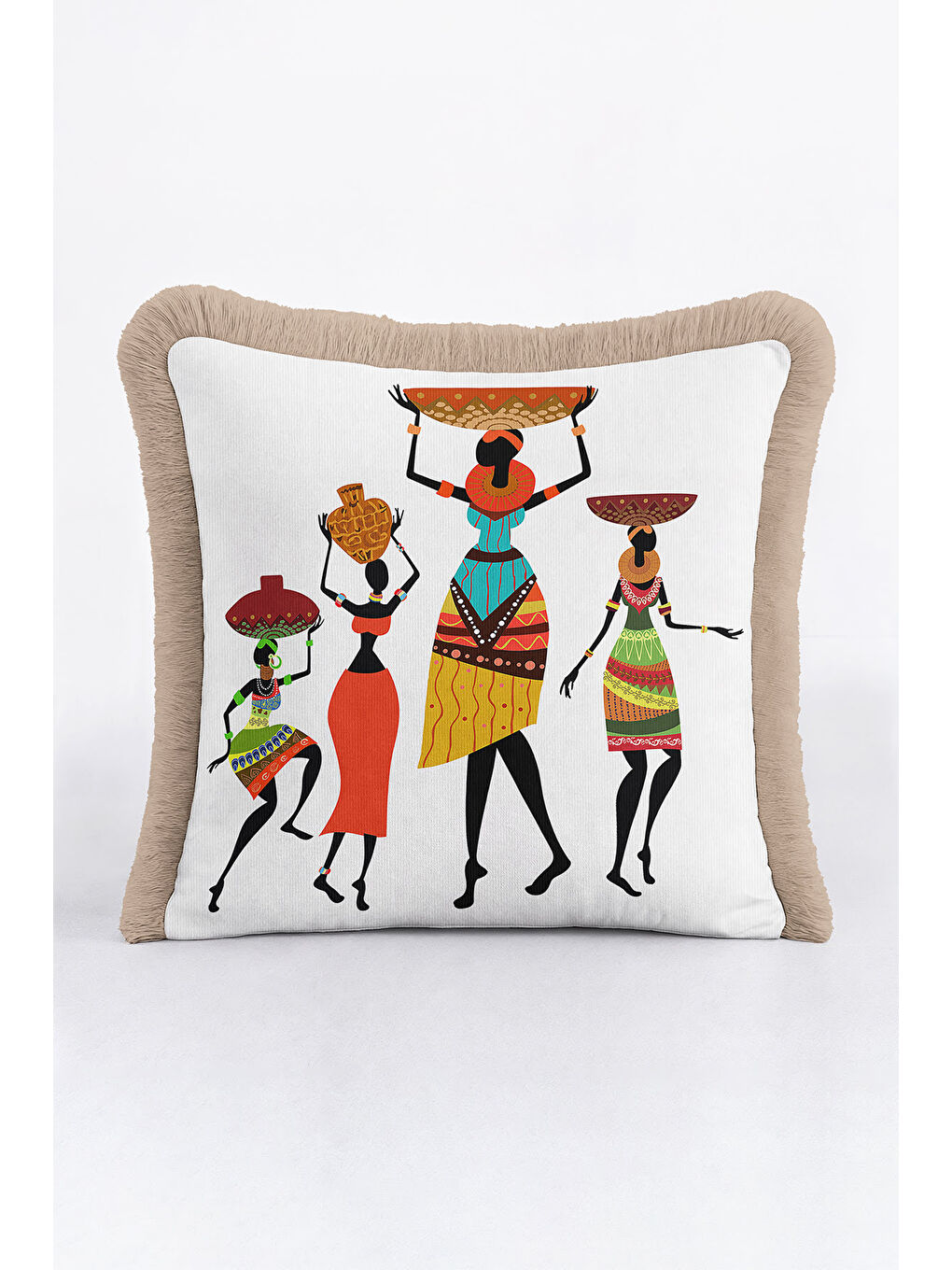 Karışık Afrika Esintili Saçaklı Yastık Kılıfı - Etnik Bohem Turuncu Yeşil Gold Renk Püsküllü Kırlent Kılıfı-2