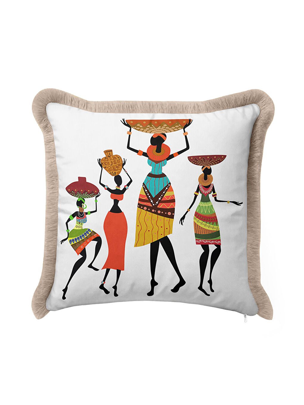 Karışık Afrika Esintili Saçaklı Yastık Kılıfı - Etnik Bohem Turuncu Yeşil Gold Renk Püsküllü Kırlent Kılıfı-3