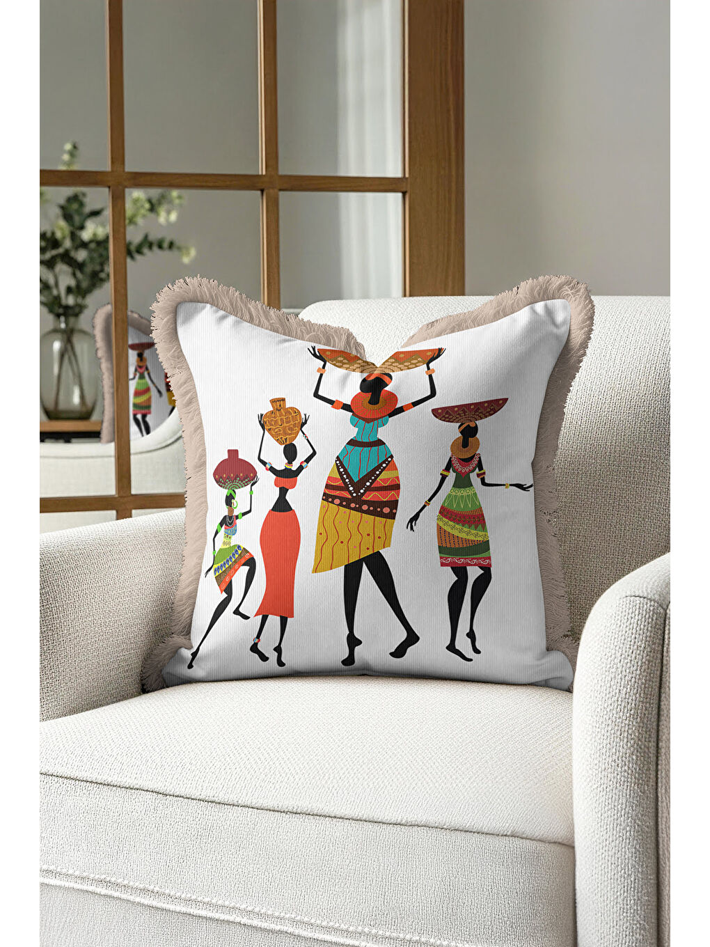 Karışık Afrika Esintili Saçaklı Yastık Kılıfı - Etnik Bohem Turuncu Yeşil Gold Renk Püsküllü Kırlent Kılıfı-4