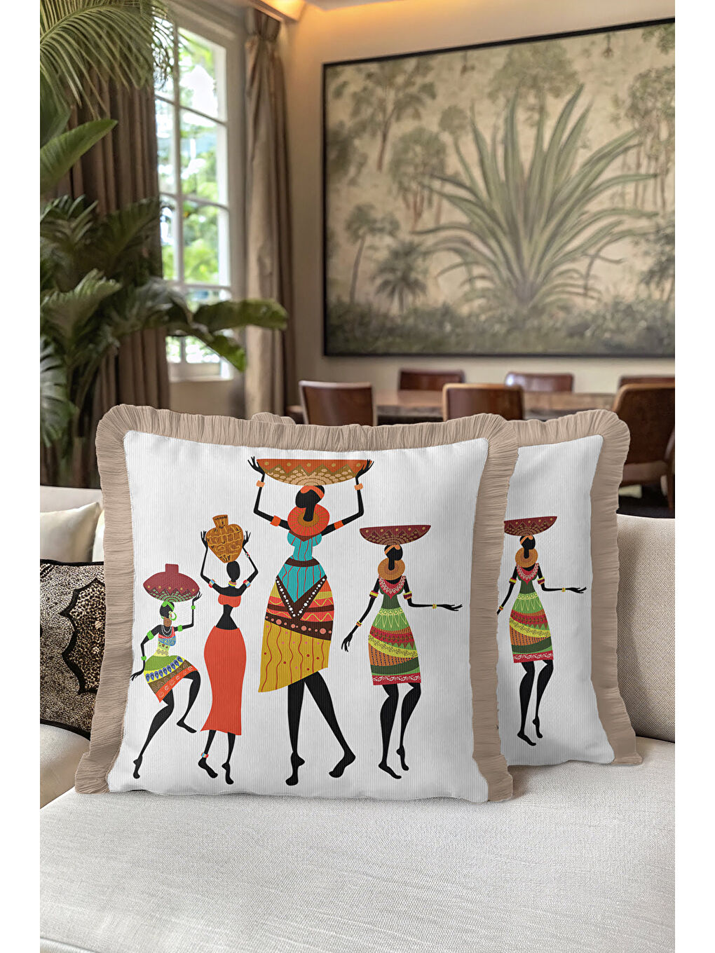 Karışık Afrika Esintili Saçaklı Yastık Kılıfı - Etnik Bohem Turuncu Yeşil Gold Renk Püsküllü Kırlent Kılıfı-5