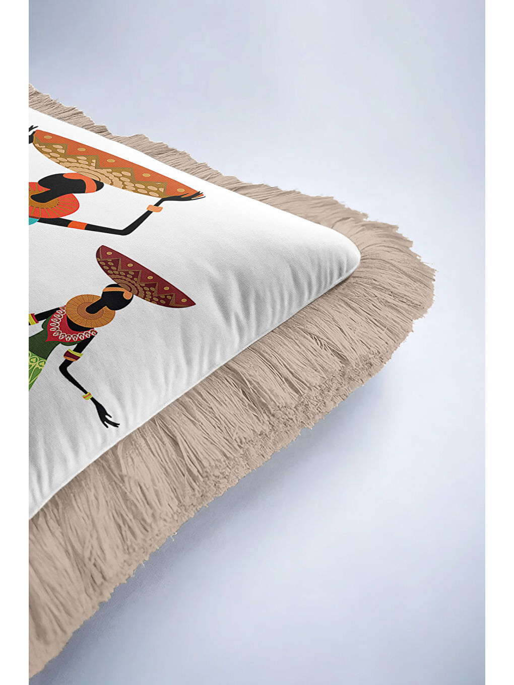 Karışık Afrika Esintili Saçaklı Yastık Kılıfı - Etnik Bohem Turuncu Yeşil Gold Renk Püsküllü Kırlent Kılıfı-6