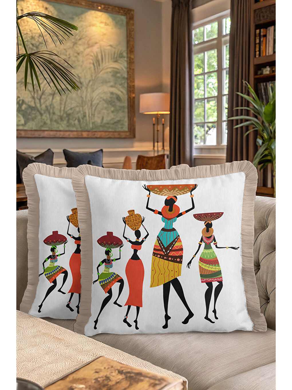 Karışık Afrika Esintili Saçaklı Yastık Kılıfı - Etnik Bohem Turuncu Yeşil Gold Renk Püsküllü Kırlent Kılıfı-7