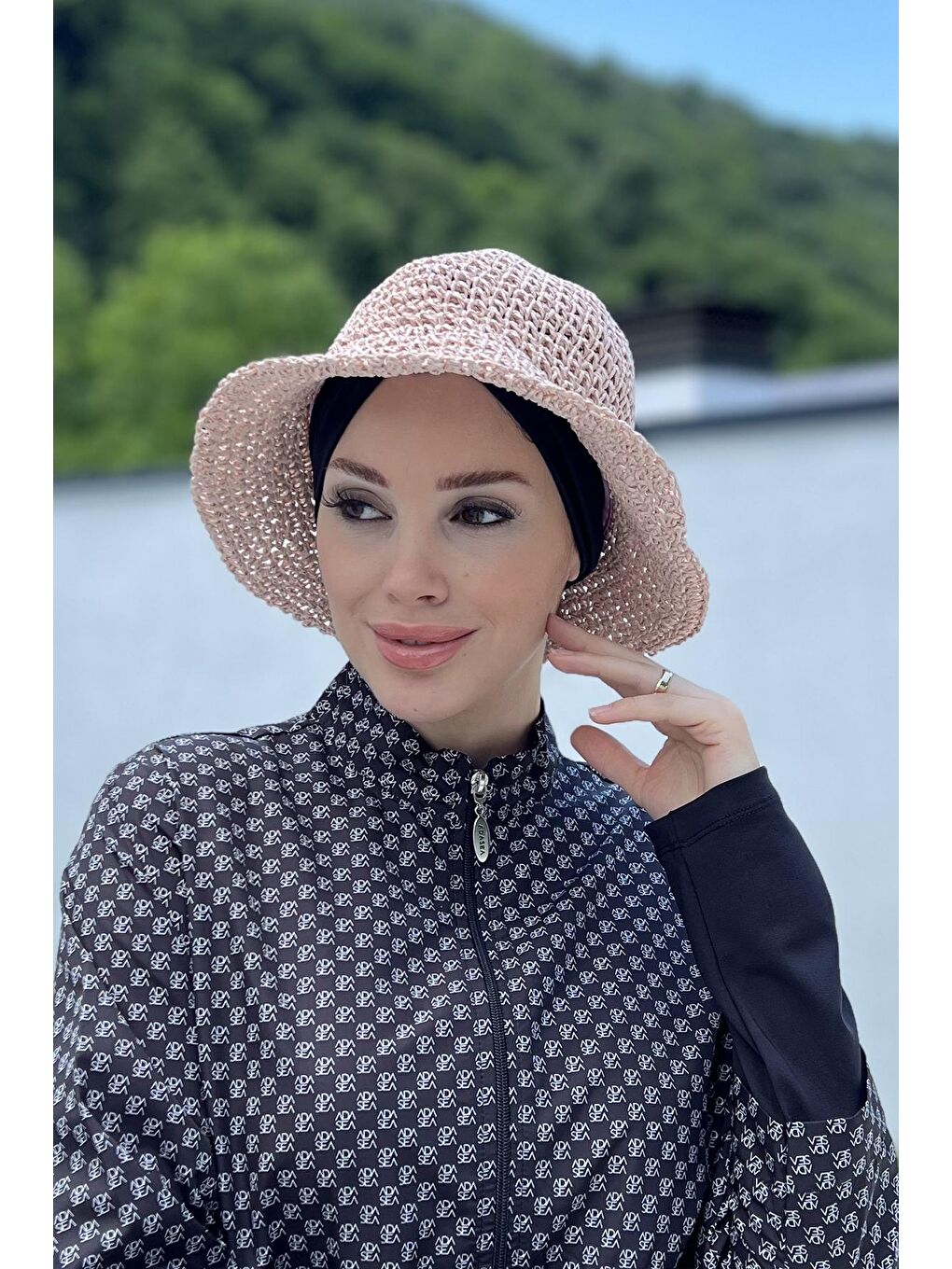 Pembe El Örgü Hasır Şapka RŞ-83 Pudra