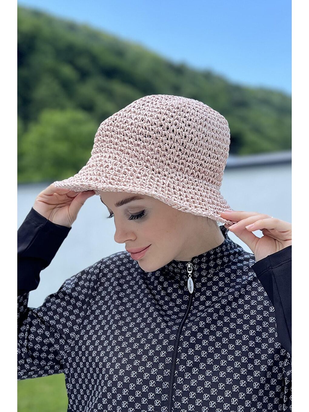 Pembe El Örgü Hasır Şapka RŞ-83 Pudra-1