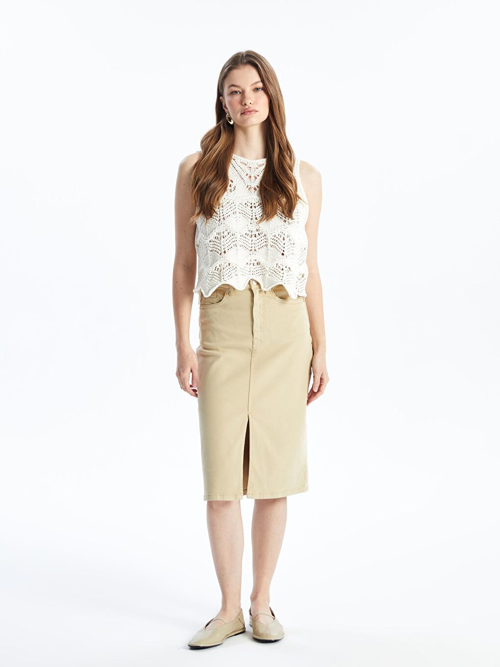 Kahverengi Cannes - Düz Yırtmaçlı Midi Denim Etek - Açık Kahve