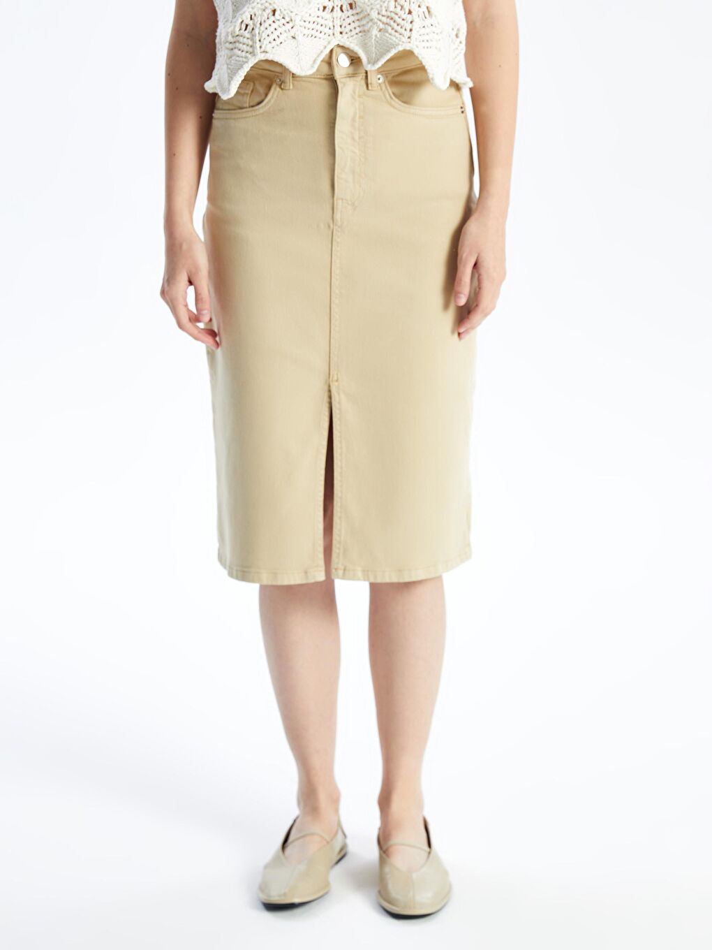 Kahverengi Cannes - Düz Yırtmaçlı Midi Denim Etek - Açık Kahve-2