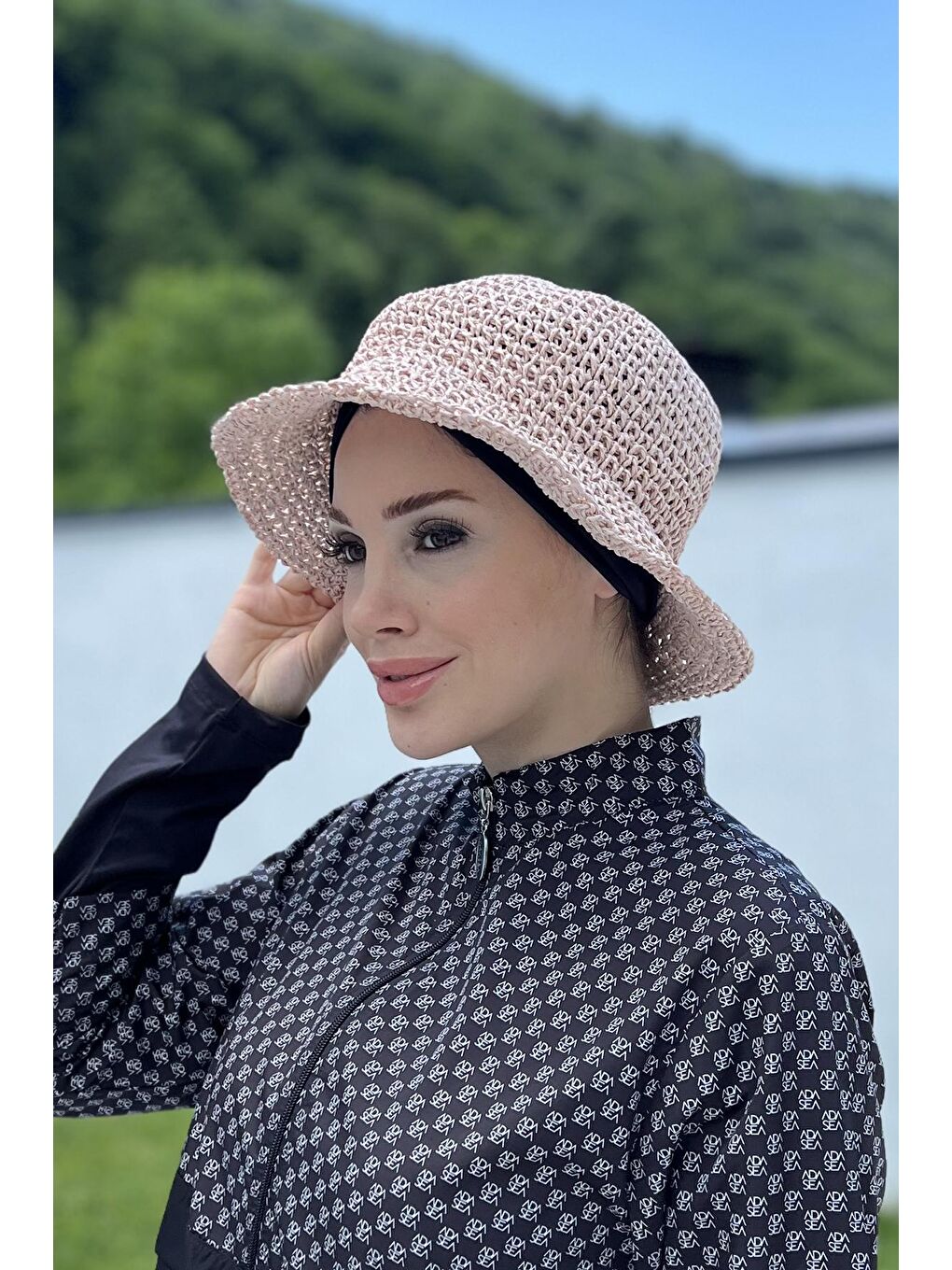 Pembe El Örgü Hasır Şapka RŞ-83 Pudra-2