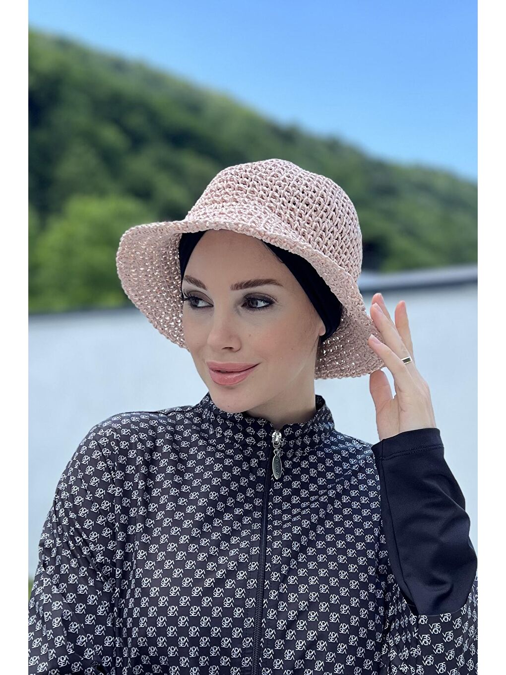 Pembe El Örgü Hasır Şapka RŞ-83 Pudra-3