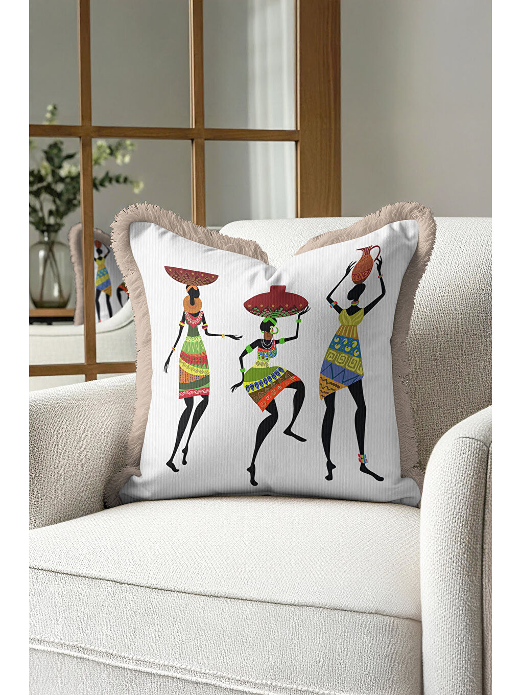 Karışık Afrika Sanatı İlhamlı Saçaklı Yastık Kılıfı - Etnik Bohem Vibe Renkli Krem Püsküllü Kırlent Kılıfı