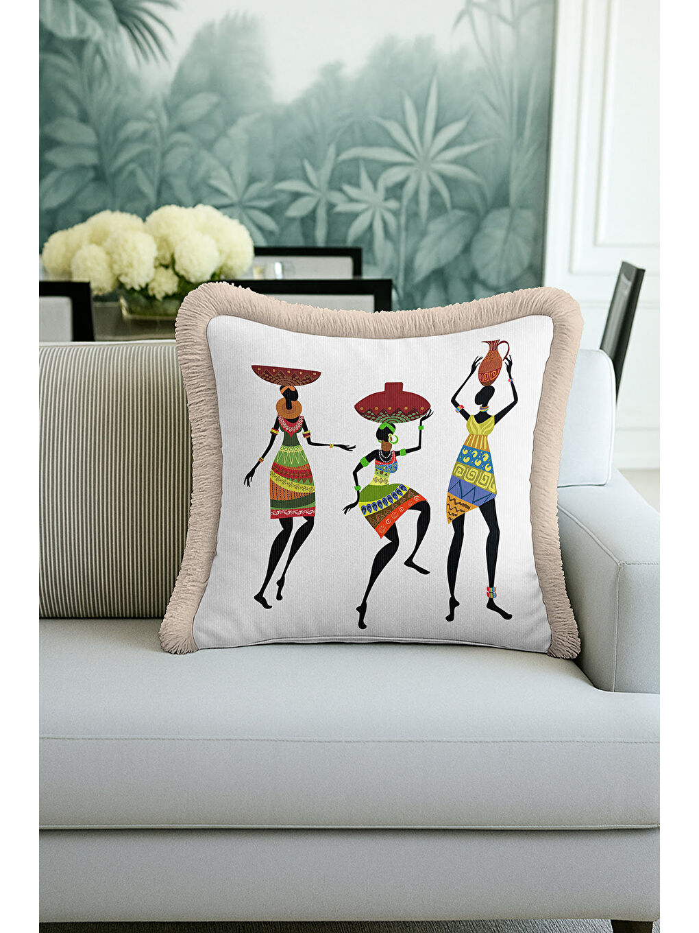 Karışık Afrika Sanatı İlhamlı Saçaklı Yastık Kılıfı - Etnik Bohem Vibe Renkli Krem Püsküllü Kırlent Kılıfı-1