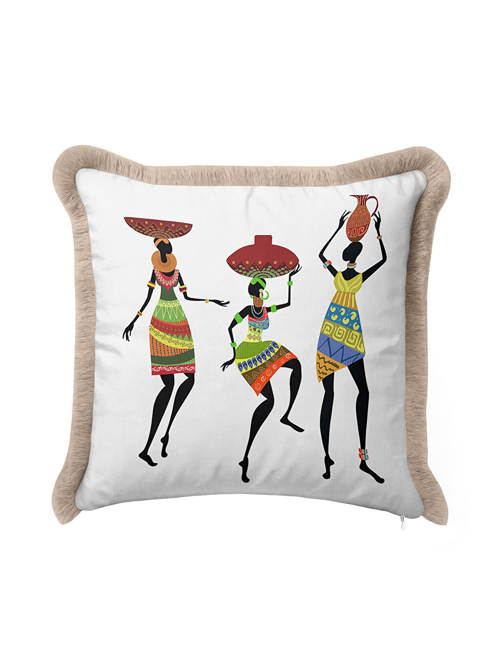 Karışık Afrika Sanatı İlhamlı Saçaklı Yastık Kılıfı - Etnik Bohem Vibe Renkli Krem Püsküllü Kırlent Kılıfı-2