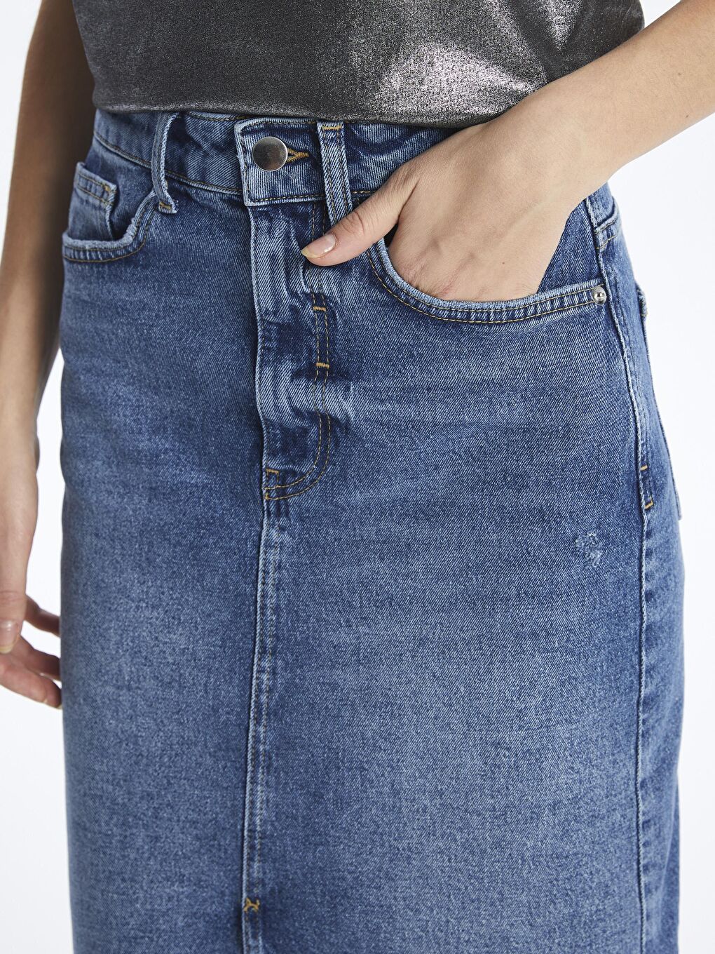 İndigo Yırtmaçlı Indigoi Denim Etek - Indigo Renk-3