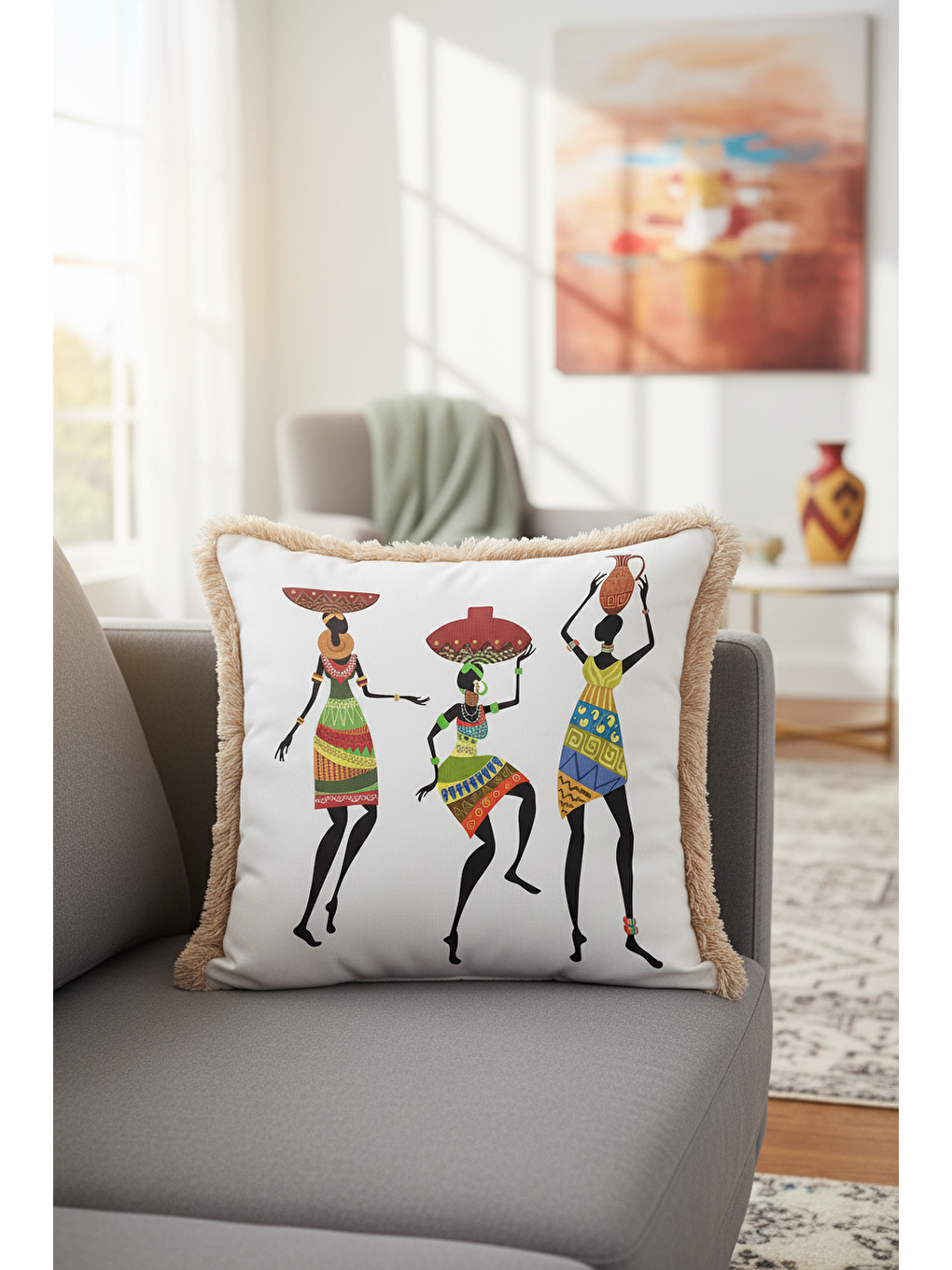 Karışık Afrika Sanatı İlhamlı Saçaklı Yastık Kılıfı - Etnik Bohem Vibe Renkli Krem Püsküllü Kırlent Kılıfı-3