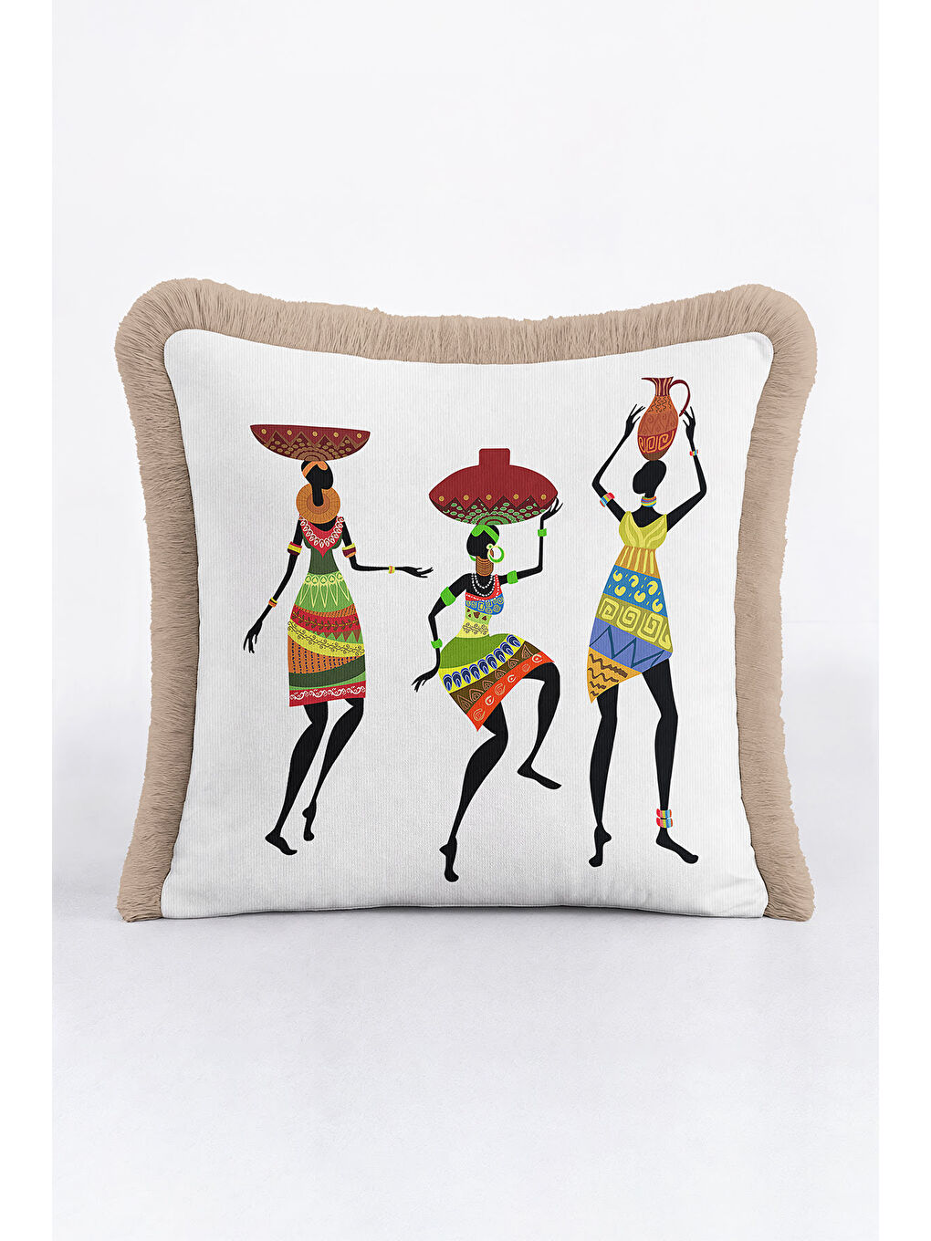 Karışık Afrika Sanatı İlhamlı Saçaklı Yastık Kılıfı - Etnik Bohem Vibe Renkli Krem Püsküllü Kırlent Kılıfı-4